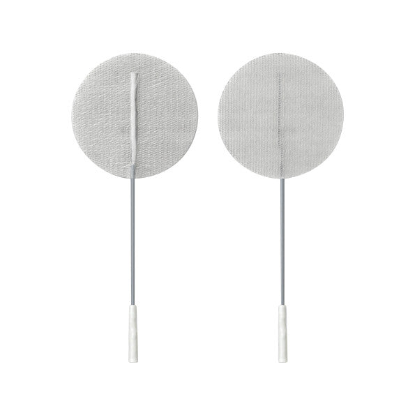 Two PALS Reusable Neurostimulation Cloth Electrodes with round fabric pads and attached cables, viewed from the front and back.