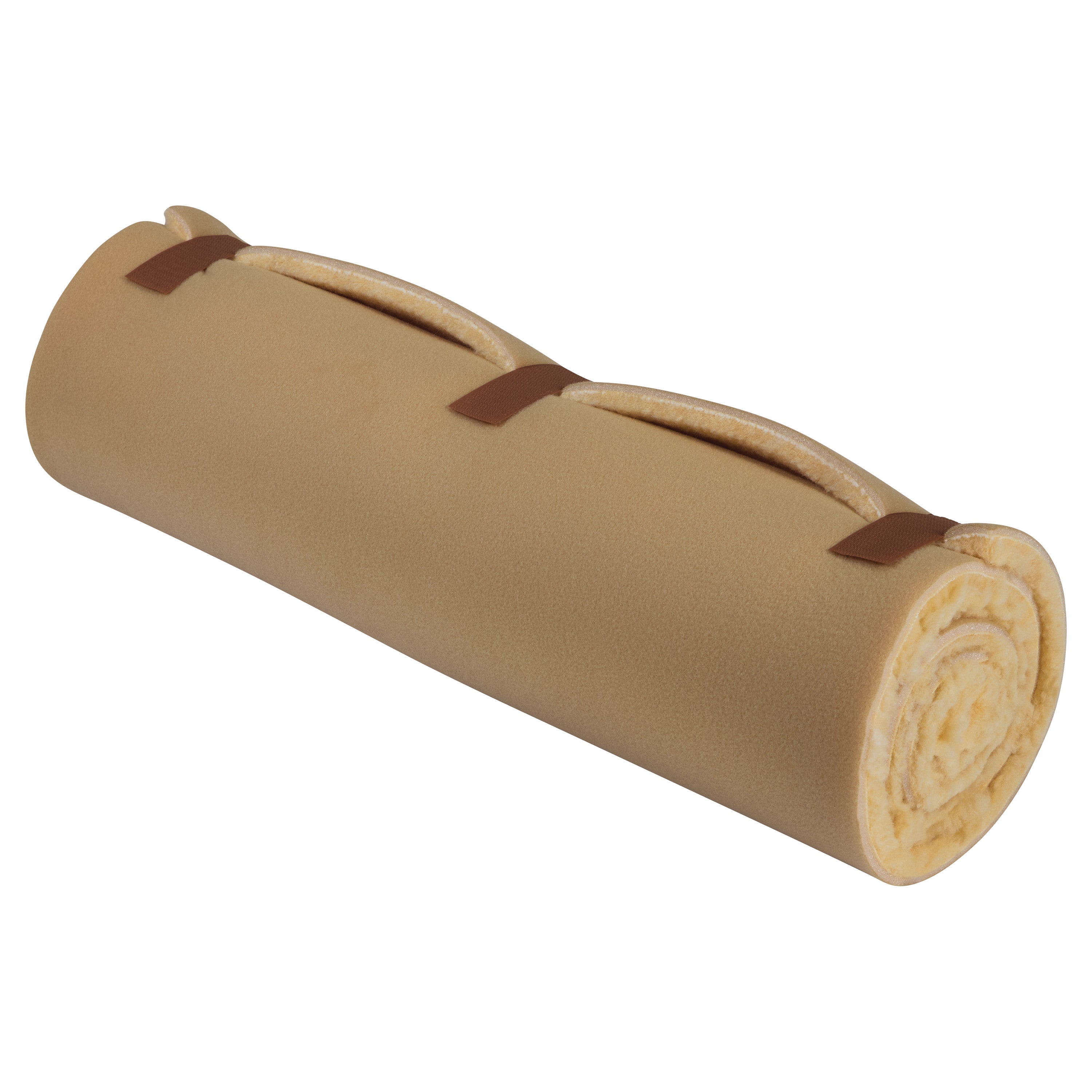 A rolled-up AliMed AliFleece blanket in beige with brown carrying straps is displayed against a white background.