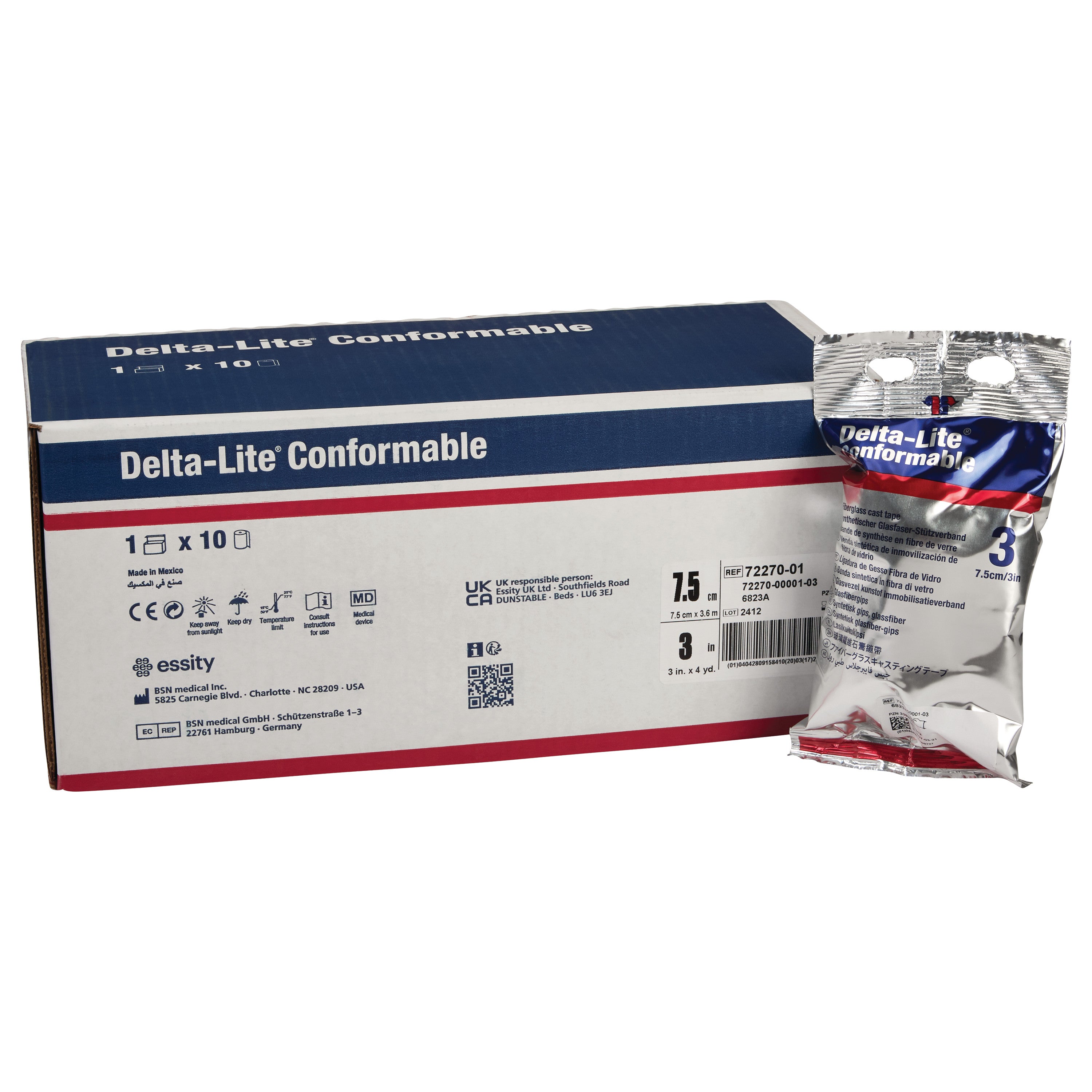 Box and package of Delta-Lite Conformable Fiberglass Cast Tape, size 7.5 cm x 3.6 m, by Essity, displayed on a white background.