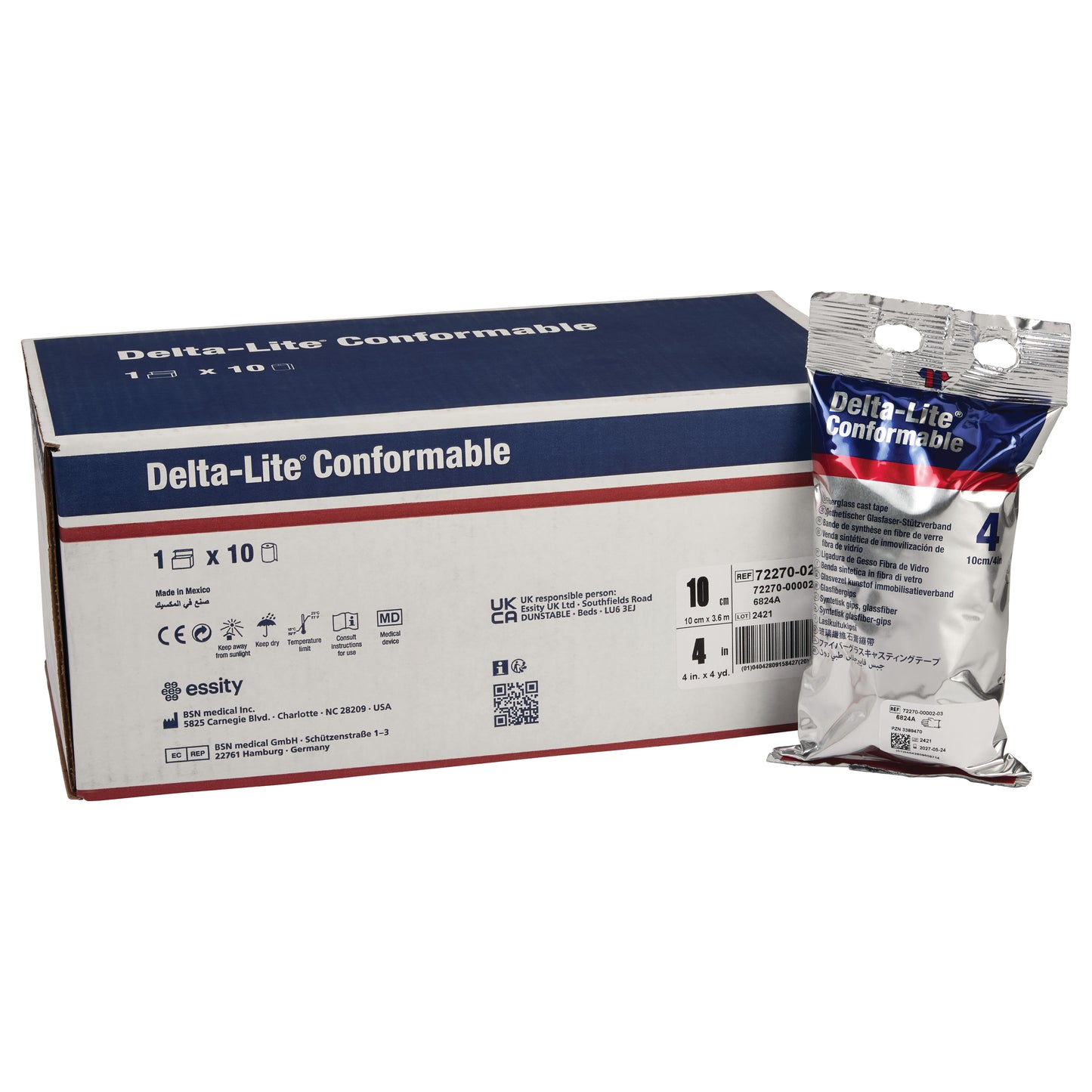 Box and pouch of Delta-Lite Conformable Fiberglass Cast Tape, showing brand details and packaging information.