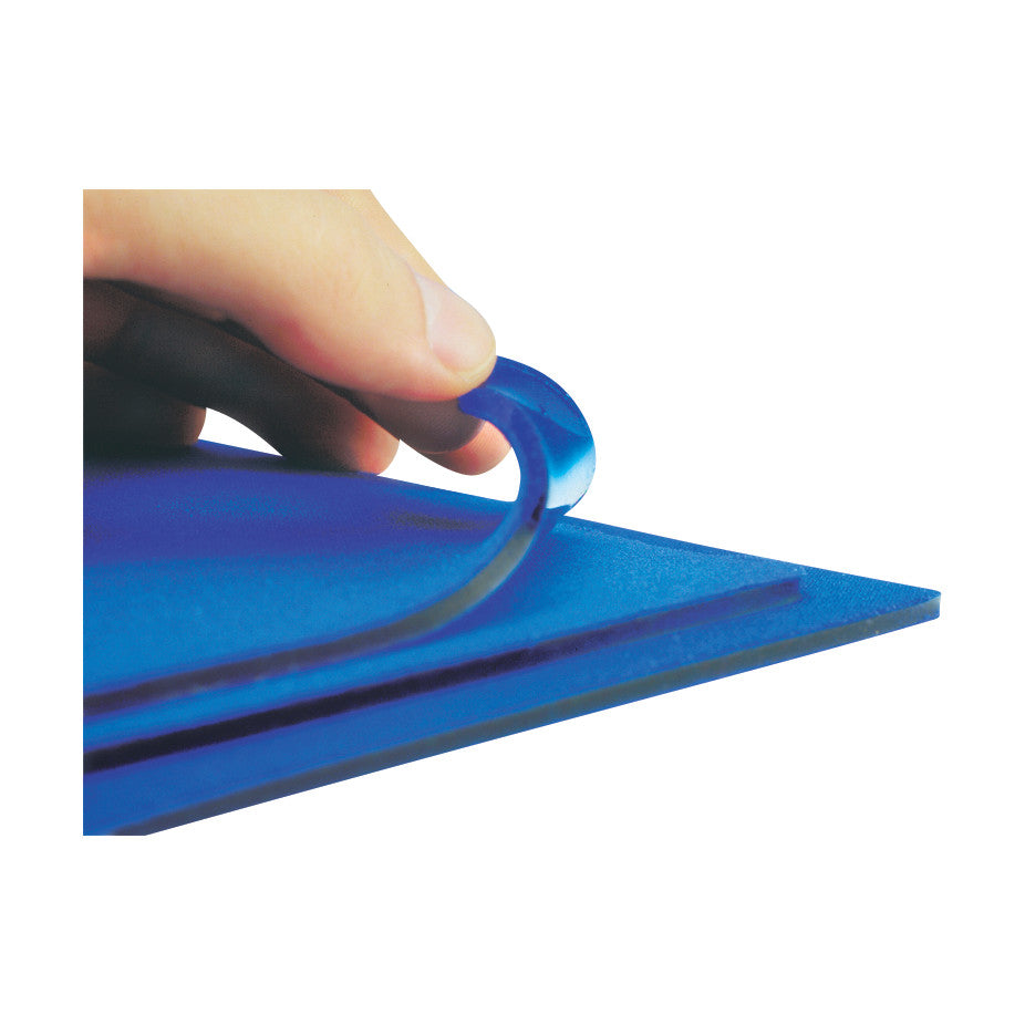 A hand peels back a layer of blue Silipos Soft Shear Gel Sheeting, revealing its flexible texture.