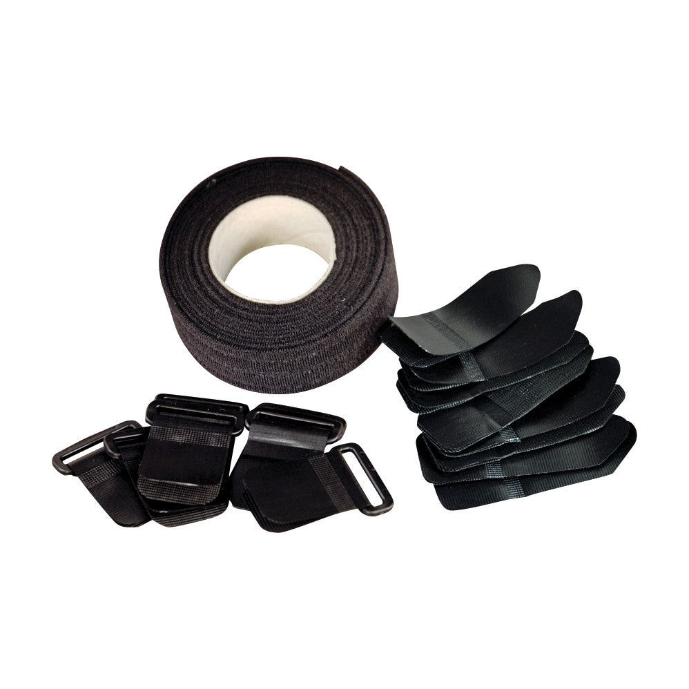 VELCRO Brand RAPID STRAP Kit with a roll of black tape and multiple strap fastener components on a white background.