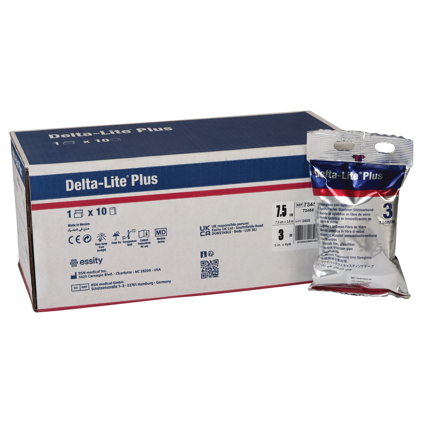 Box and packaged roll of Delta-Cast Delta-Lite Plus Fiberglass Cast Tape in blue, white, and red packaging.