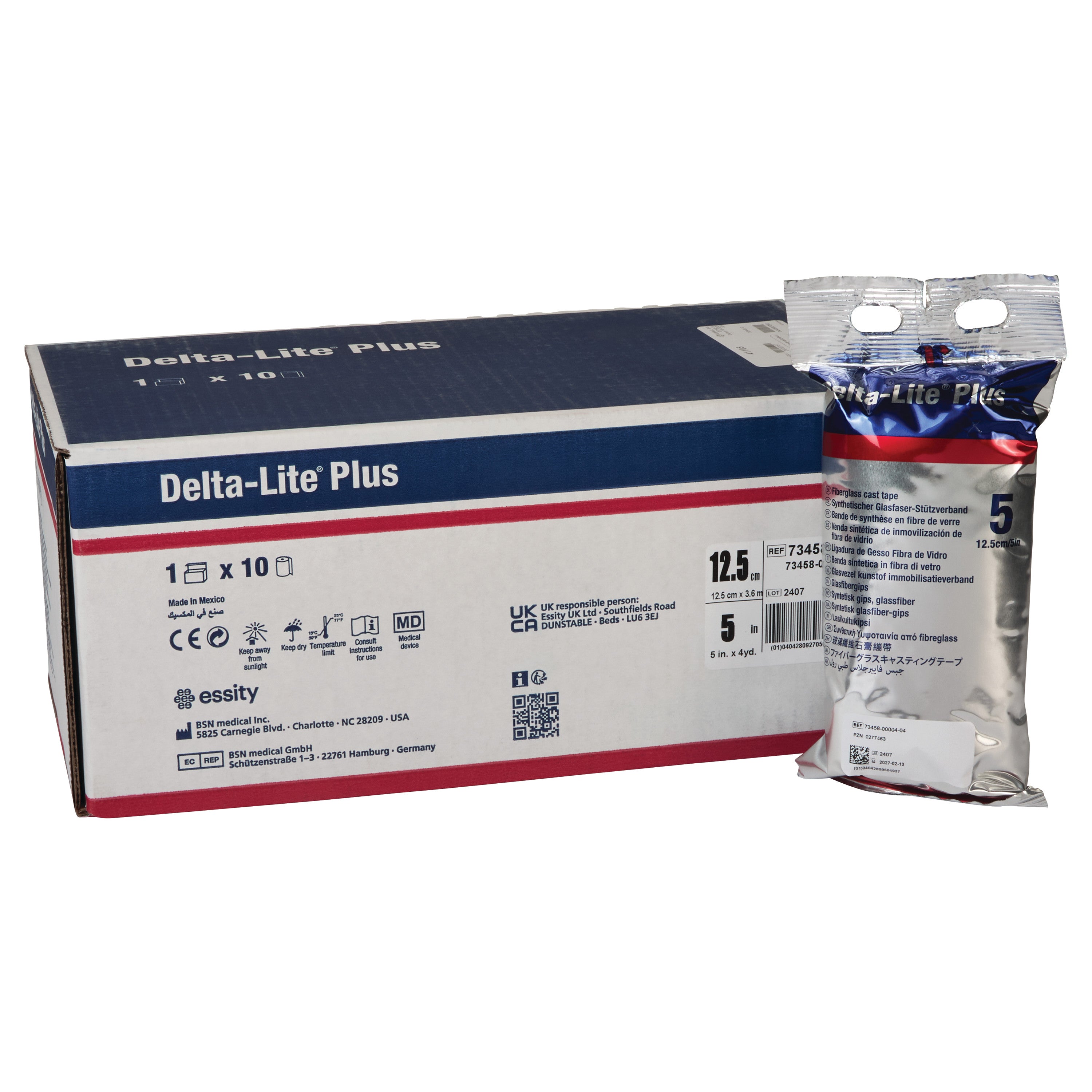 Box and package of Delta-Cast Delta-Lite Plus Fiberglass Cast Tape, 12.5 cm x 5 m, placed next to each other.