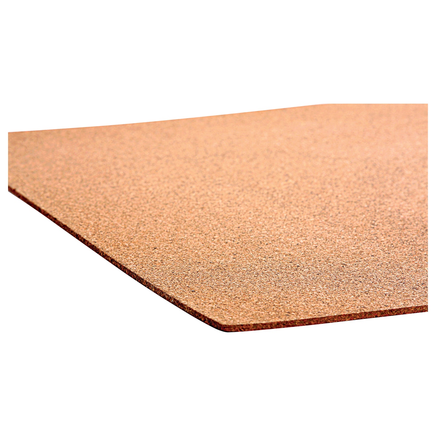 Close-up of a flat, rectangular piece of cork, showcasing its textured surface and edges against a white background.