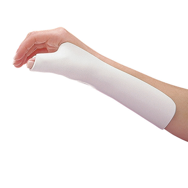 A hand and forearm are fitted with a white "Polyflex II Splinting Material" splint, supporting the wrist and thumb.