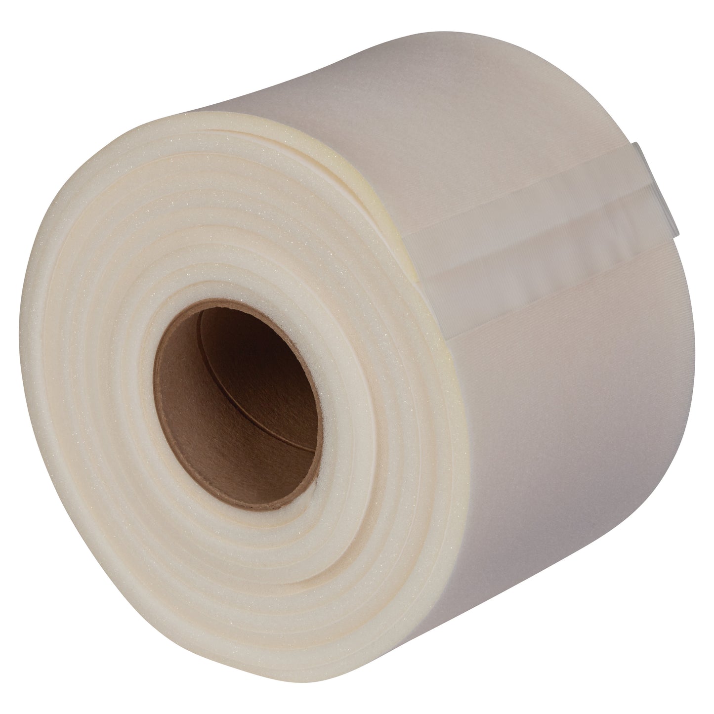 A roll of Velfoam Padded Loop, beige in color, with a soft, foam-like texture and a cardboard core at the center.