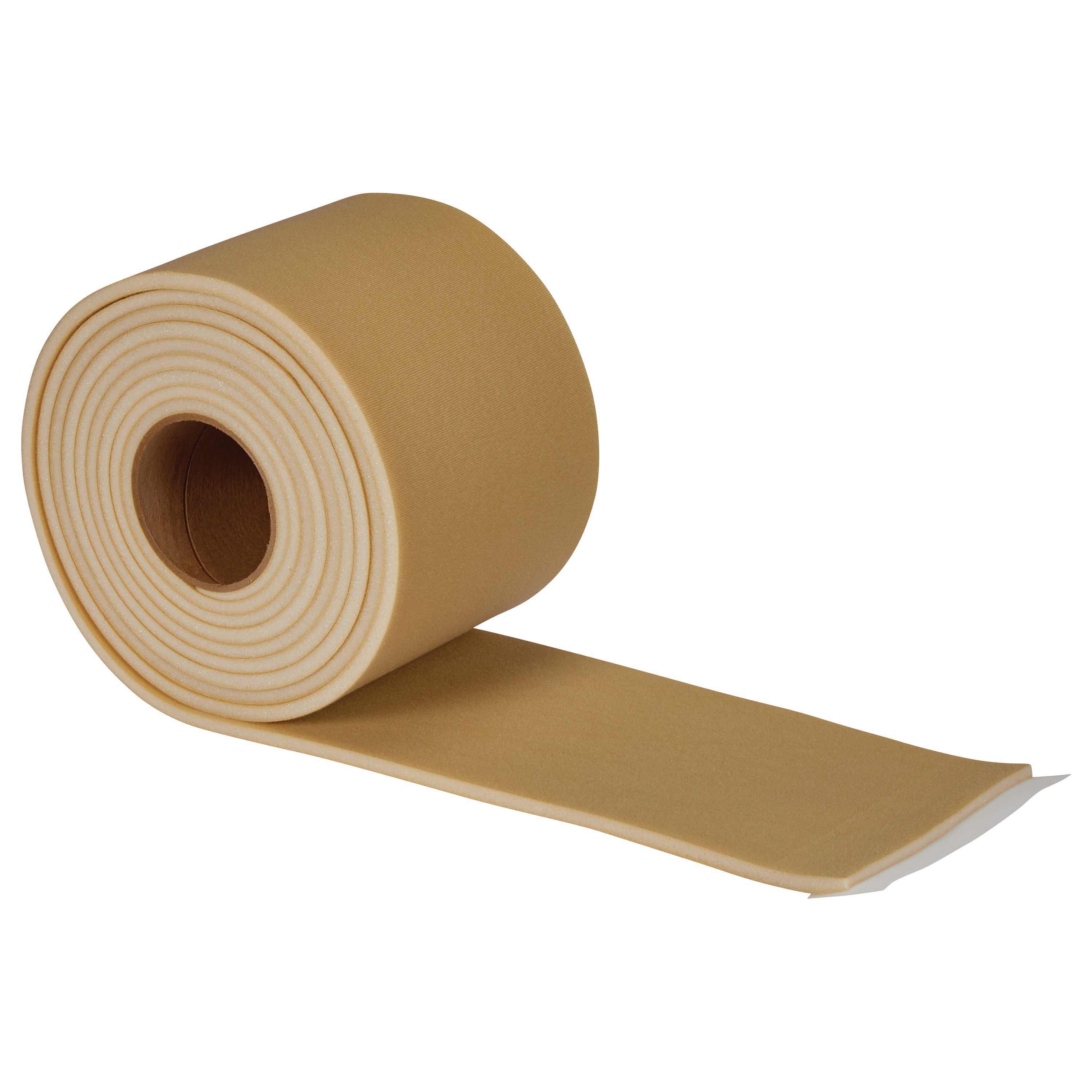 A roll of Velfoam #2 Padded Loop tape, beige in color, with a soft padded texture and partially unrolled on a white background.