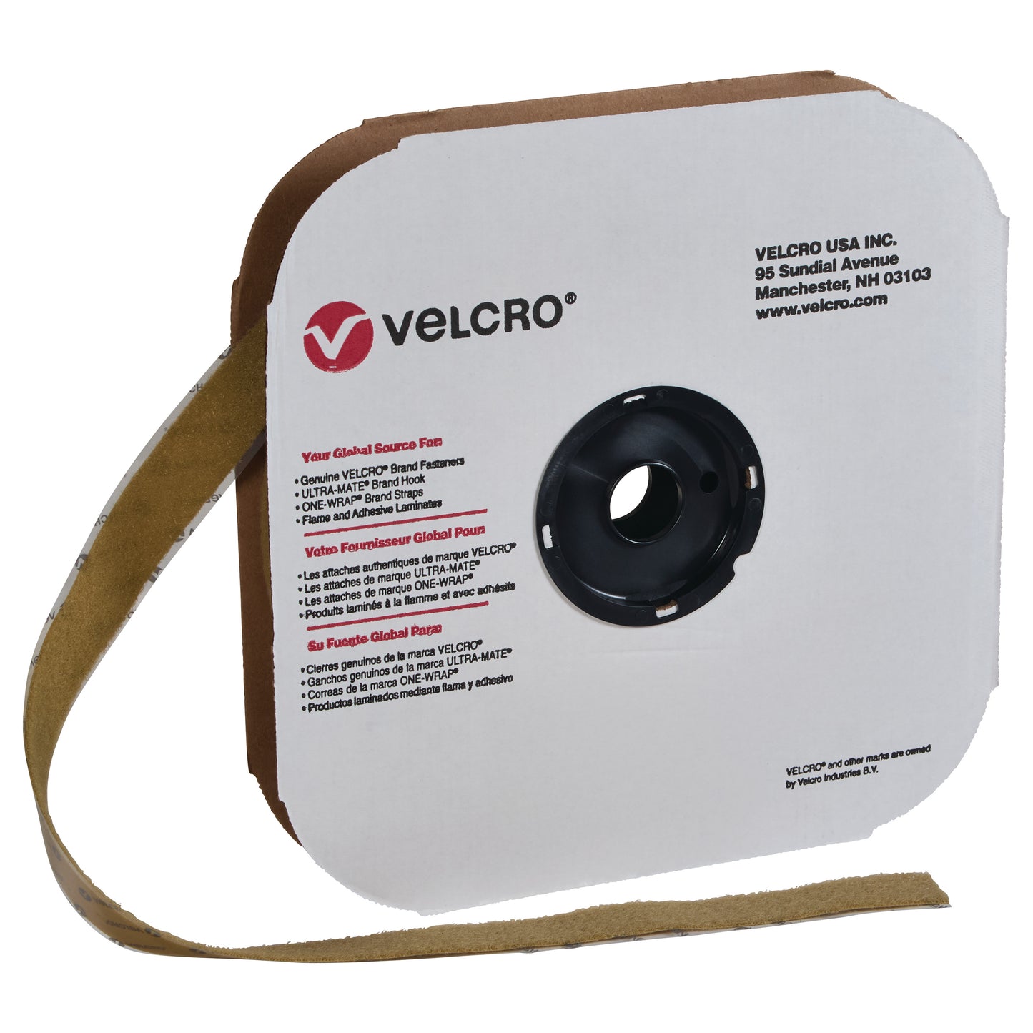 A roll of VELCRO Brand Adhesive-Backed Loop with brown tape, packaged in a white cardboard dispenser.