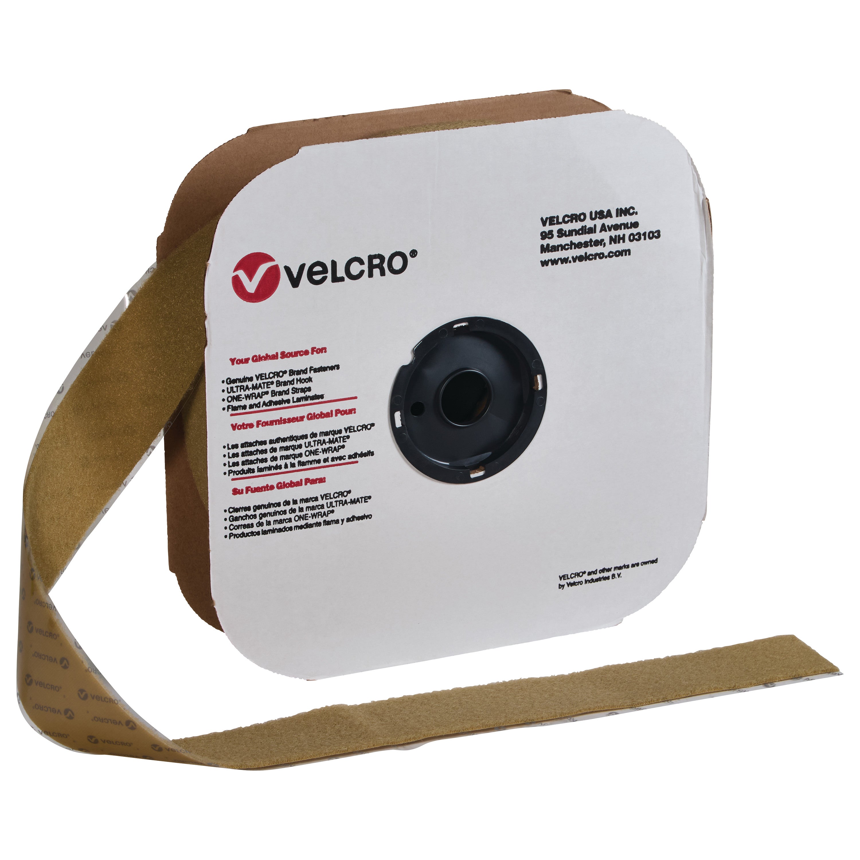 VELCRO Brand Adhesive-Backed Loop roll. It has a white cardboard cover with branding and a partially unrolled brown strip.
