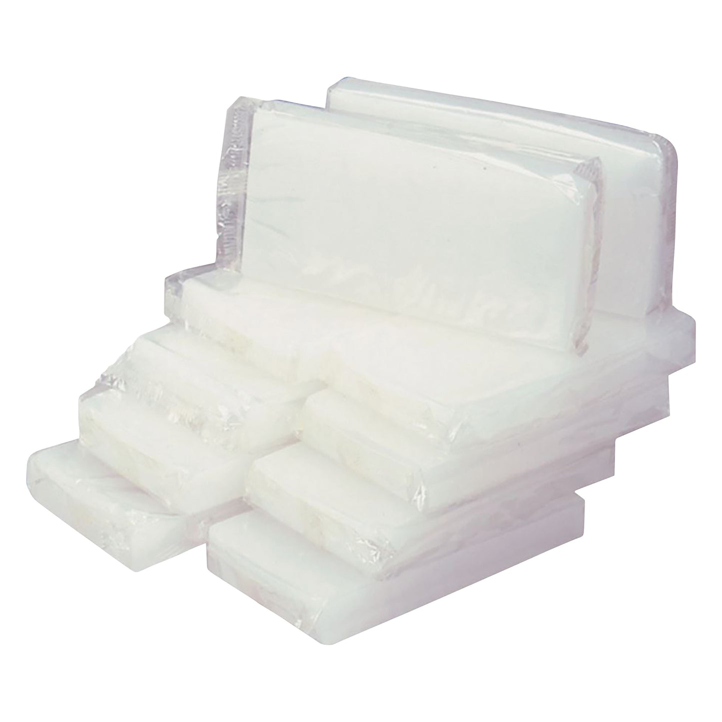 A stack of translucent WaxWel Paraffin Bath Bars in clear plastic packaging, arranged in various sizes.