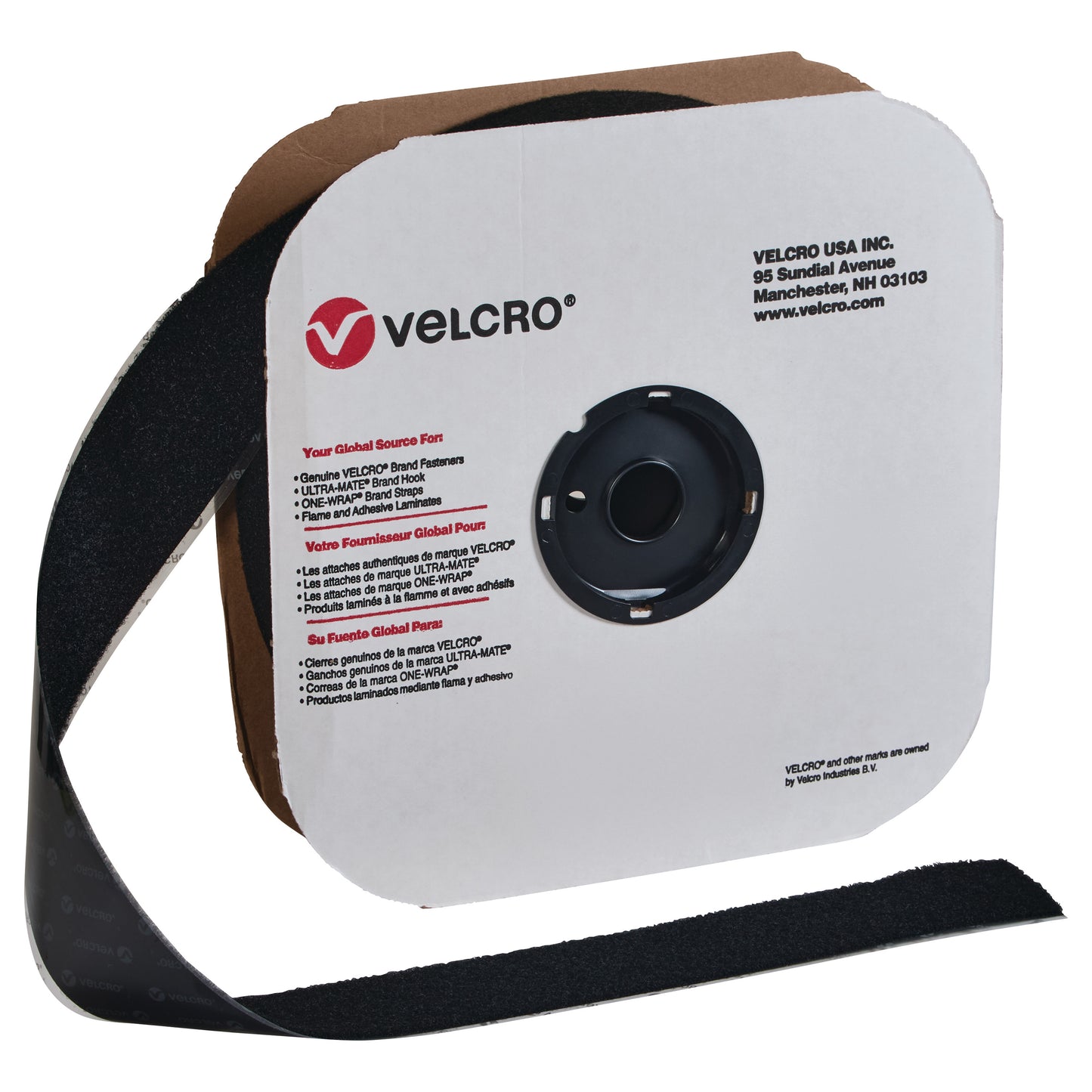 A roll of VELCRO Brand Adhesive-Backed Loop tape is shown on a cardboard spool with brand text and contact information.