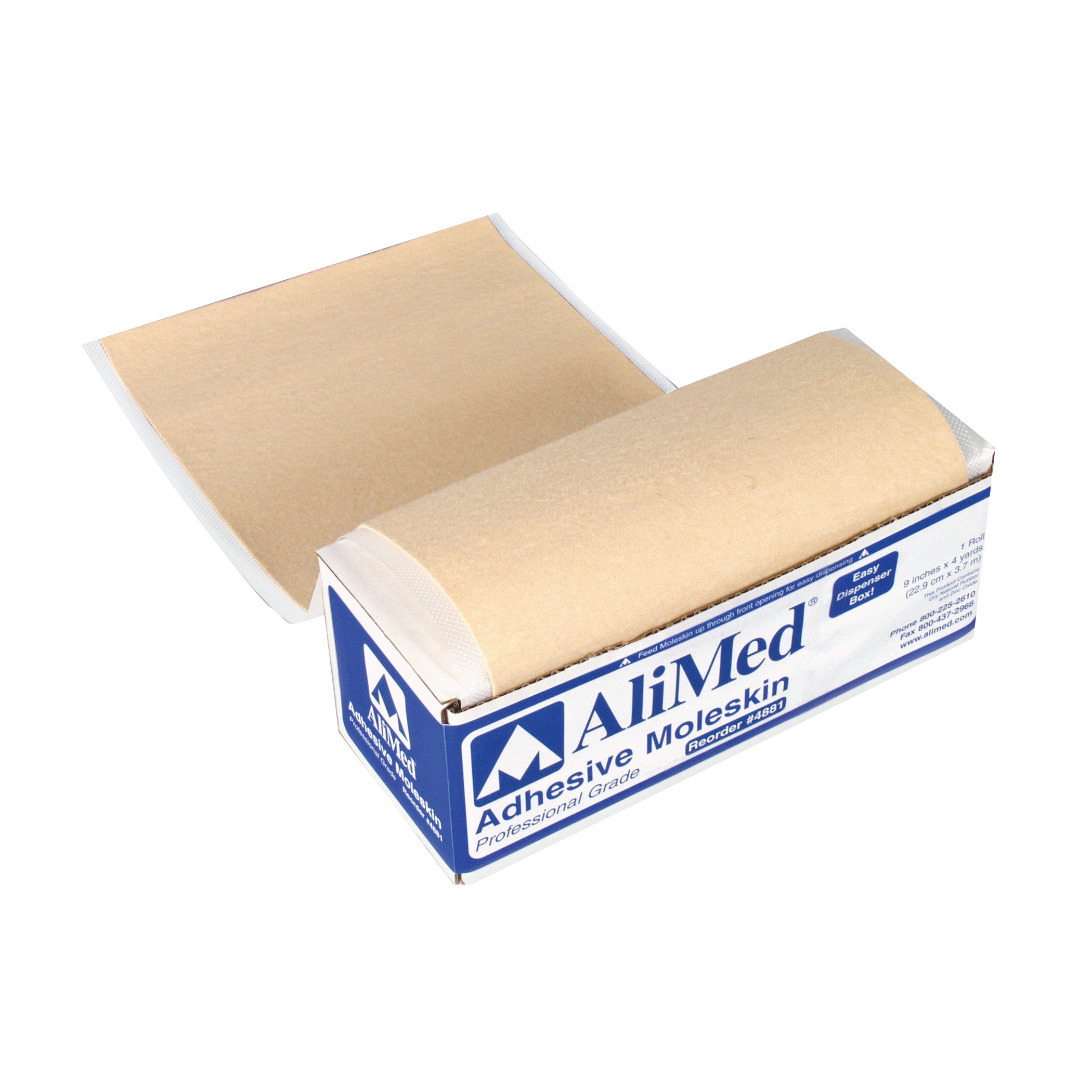 Box of AliMed Adhesive Moleskin, a beige protective padding, partially unrolled, labeled as professional grade.