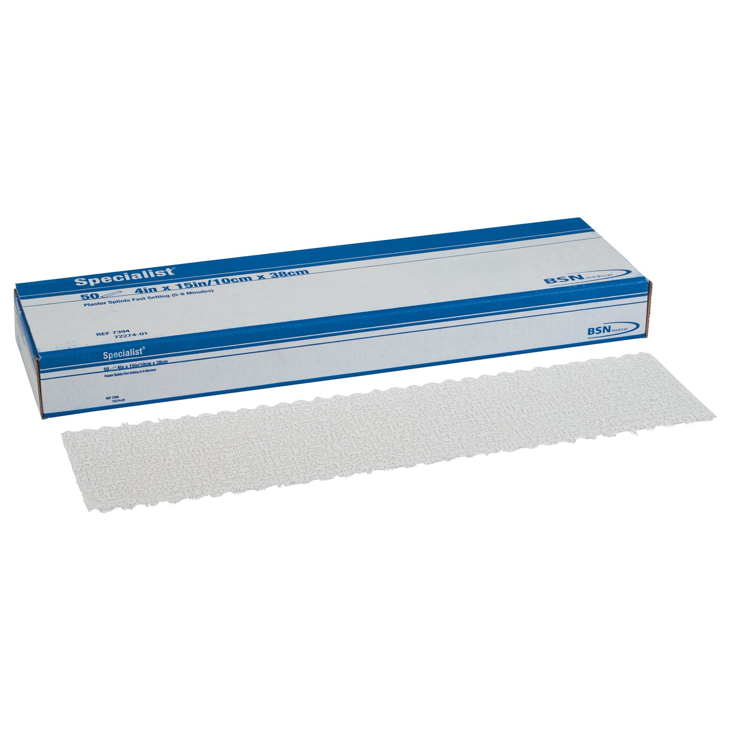 Box and strip of Delta-Cast Specialist Plaster of Paris Splint, sized 4in x 15in. Packaging is blue and white.