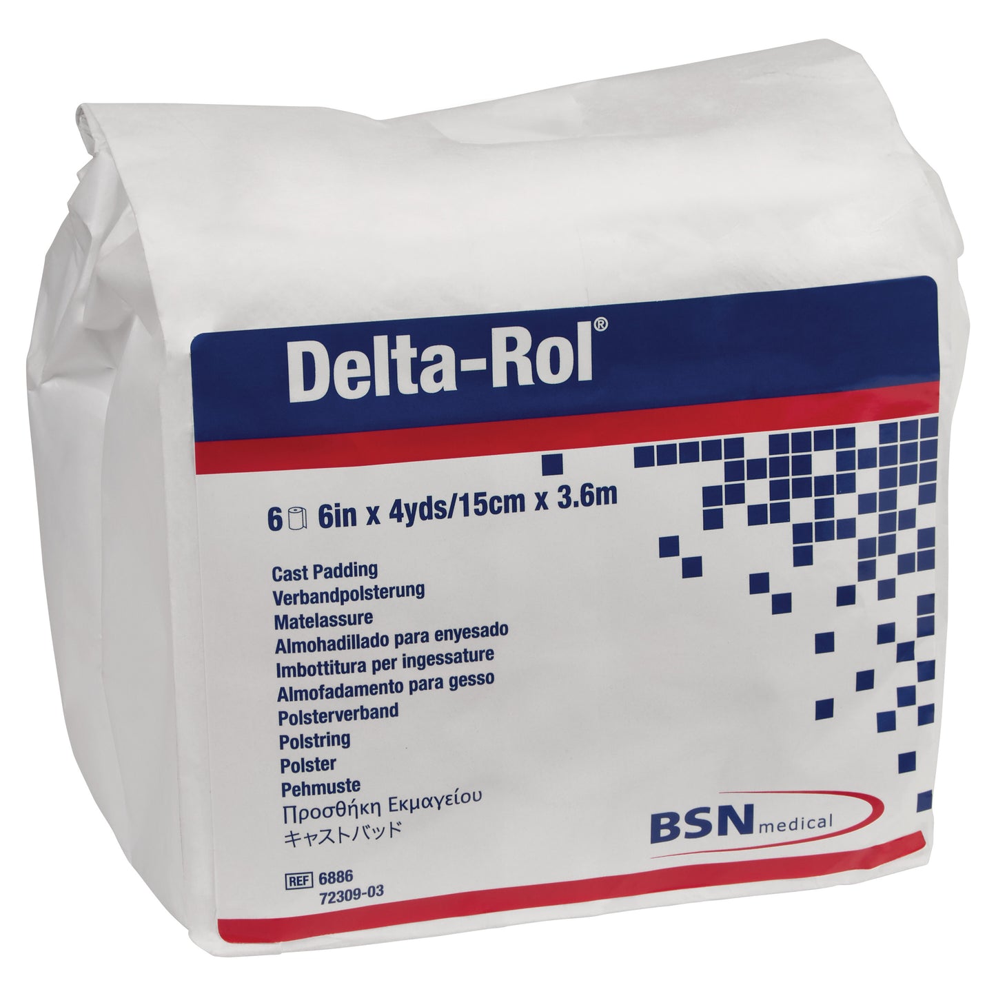 Packaging of Delta-Cast Delta-Rol Synthetic Cast Padding, measures 6in x 4yds (15cm x 3.6m), by BSN medical.