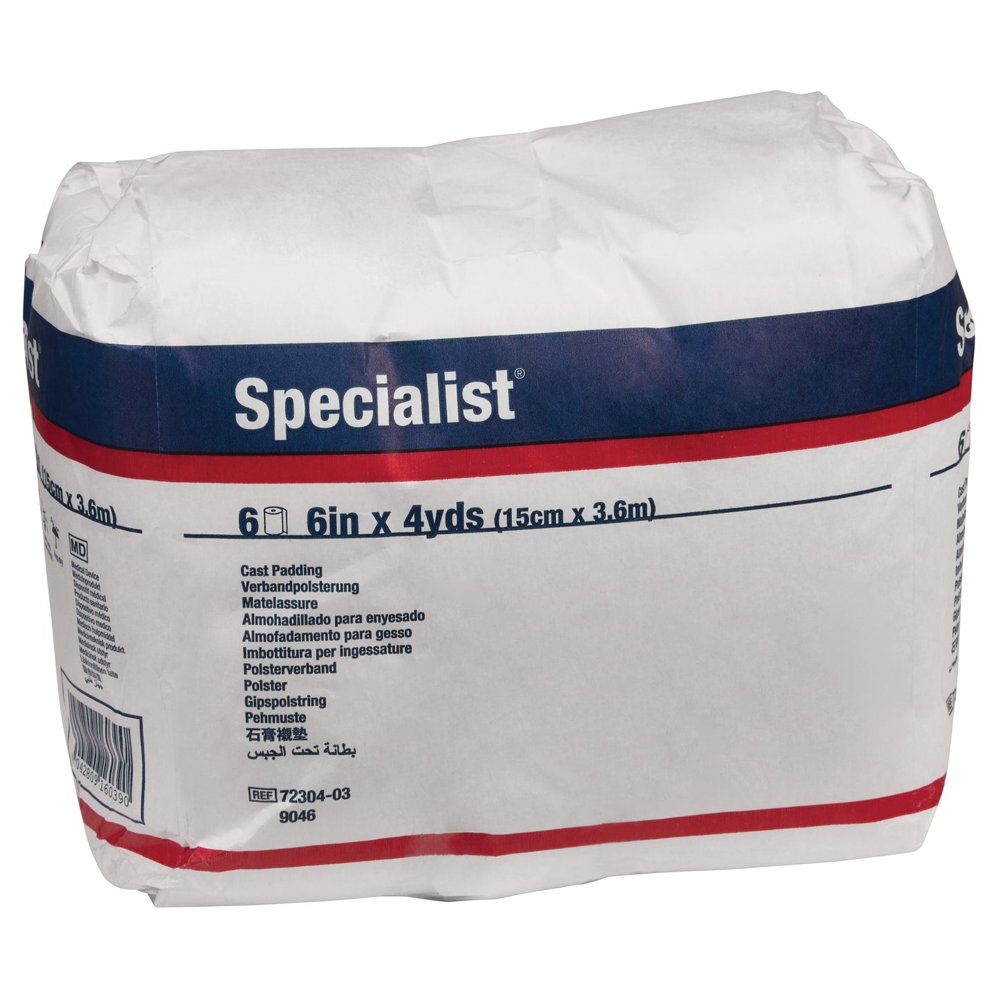 A package of Delta-Cast Specialist Cotton Blend Cast Padding, 6 inches by 4 yards, labeled in multiple languages.