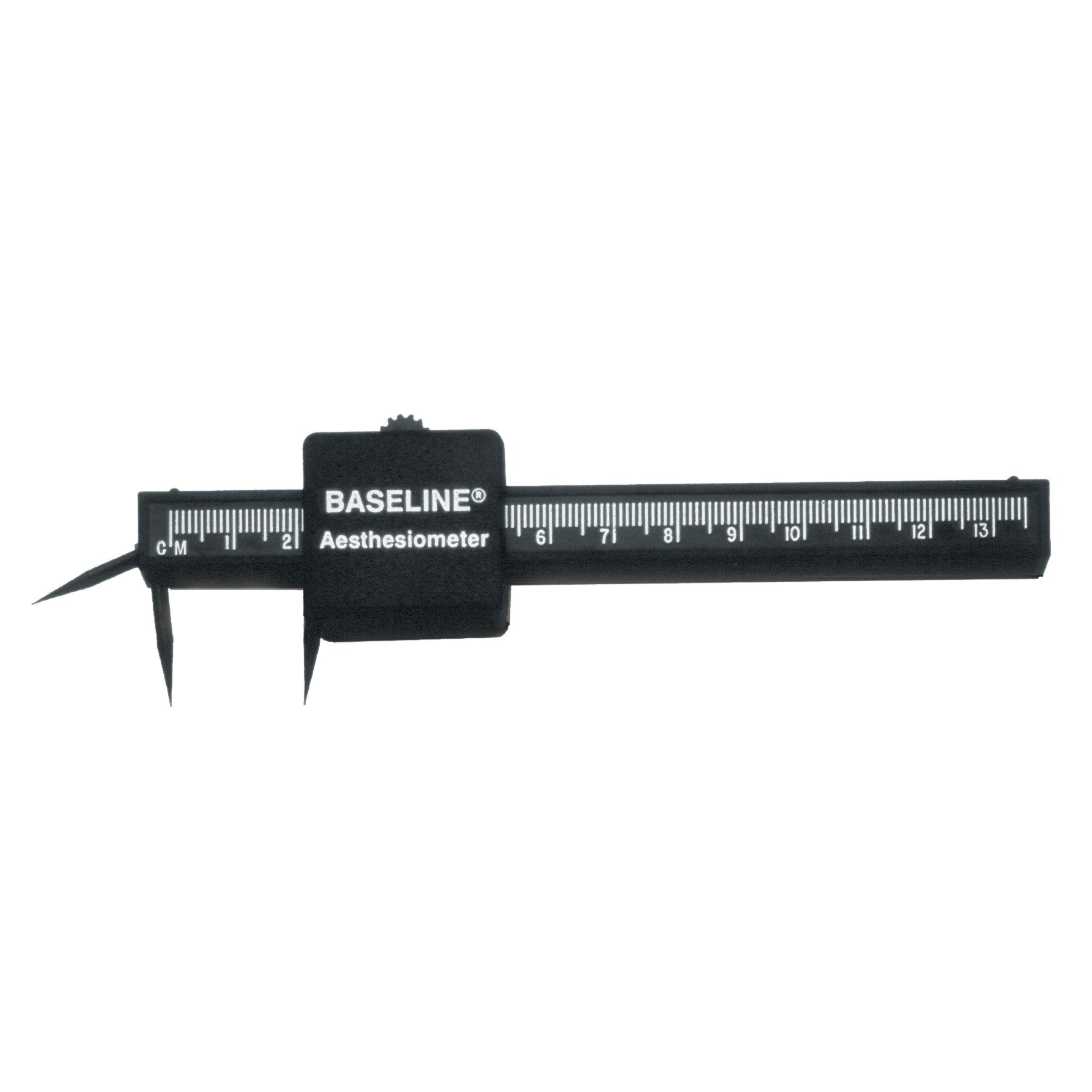 A Baseline Aesthesiometer with a black scale for measuring tactile sensitivity, marked in centimeters from 0 to 13.