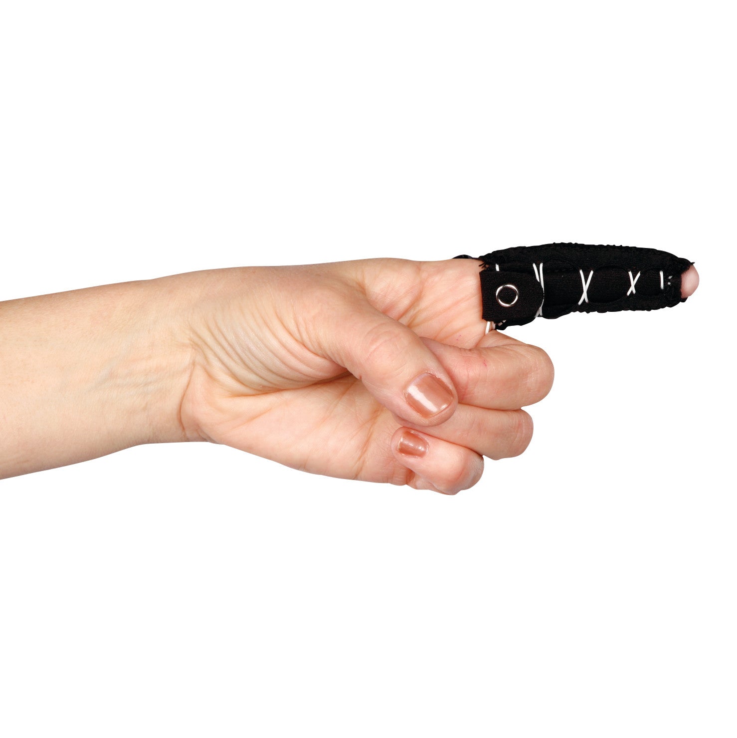 A hand wearing a black Finger Hugger Model 670 on the index finger, decorated with white stitch patterns.