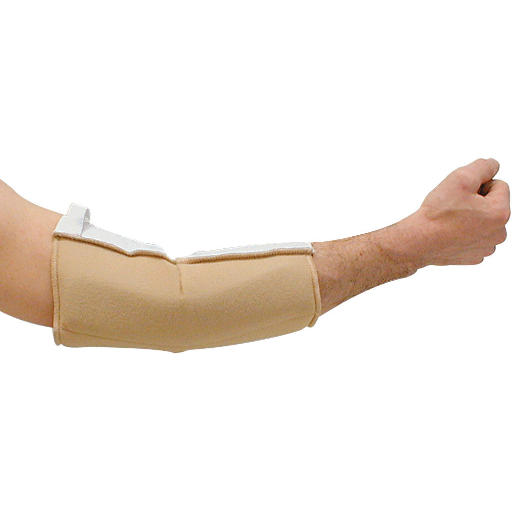 A person's arm wearing the AliMed Cubital Tunnel Syndrome Support, a beige brace designed to support the elbow area.