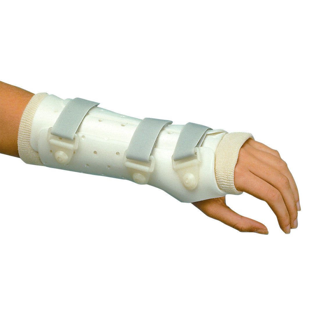 A hand wearing a Wrist-Hand PlastiCast, a white supportive brace with adjustable straps, covering the forearm and wrist.