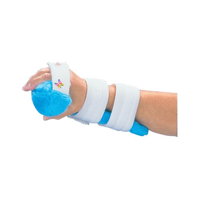 A hand wearing a Pucci Air-T Inflatable Hand Splint with white straps and a blue inflatable cushion for support.