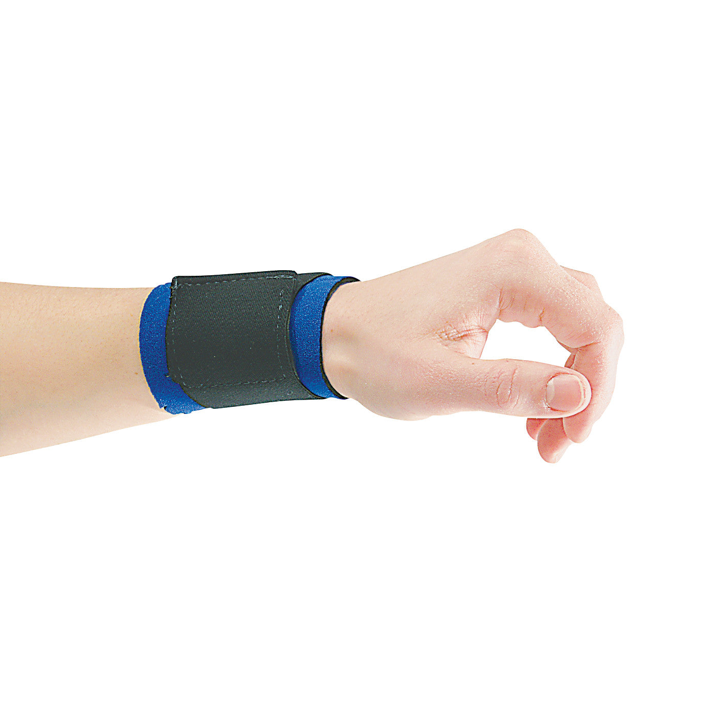 A hand wearing an AliMed Neoprene Wrist Wrap, in black and blue, providing wrist support on a white background.