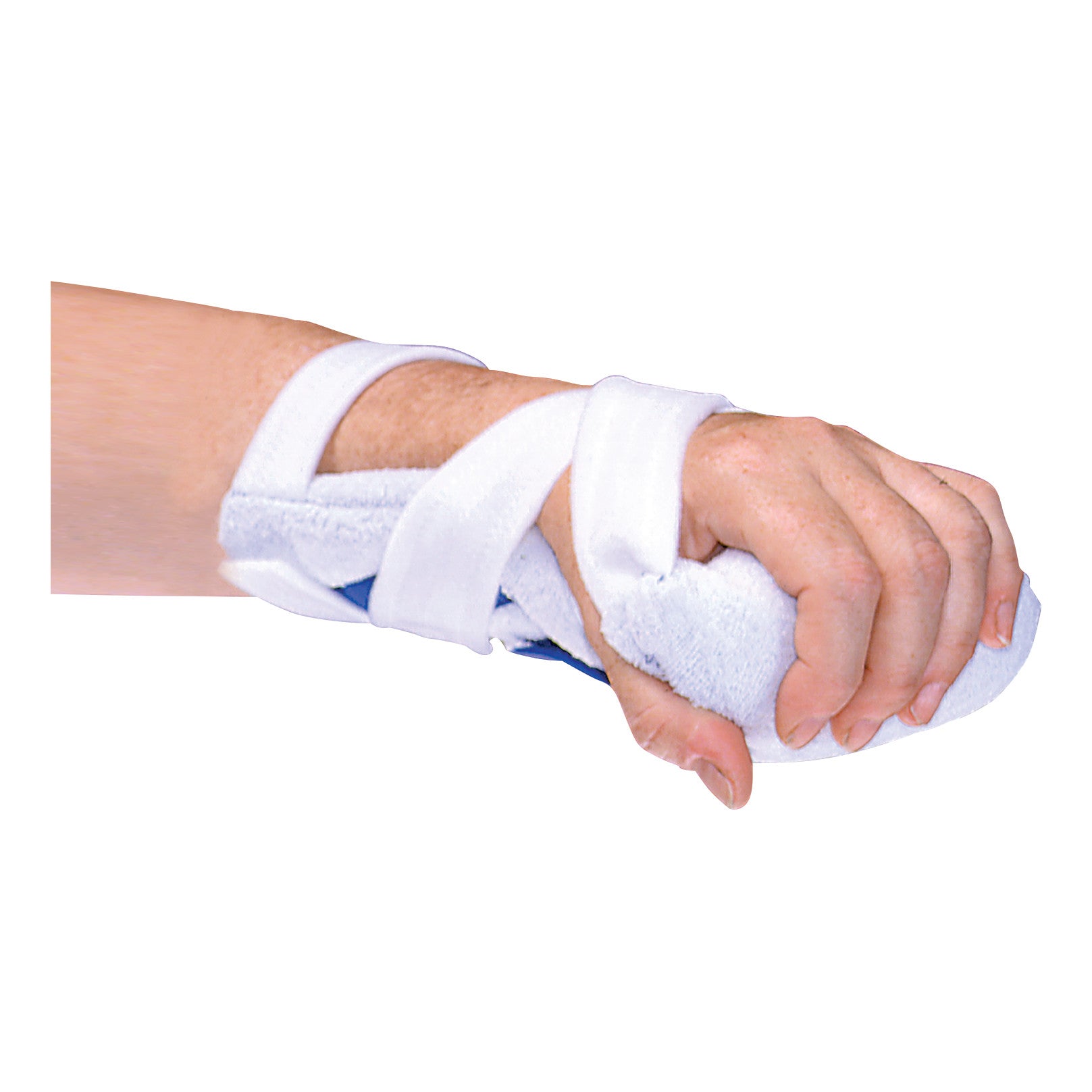 A hand wearing the AliMed Grip Splint II, a supportive device with white straps for wrist and finger alignment.