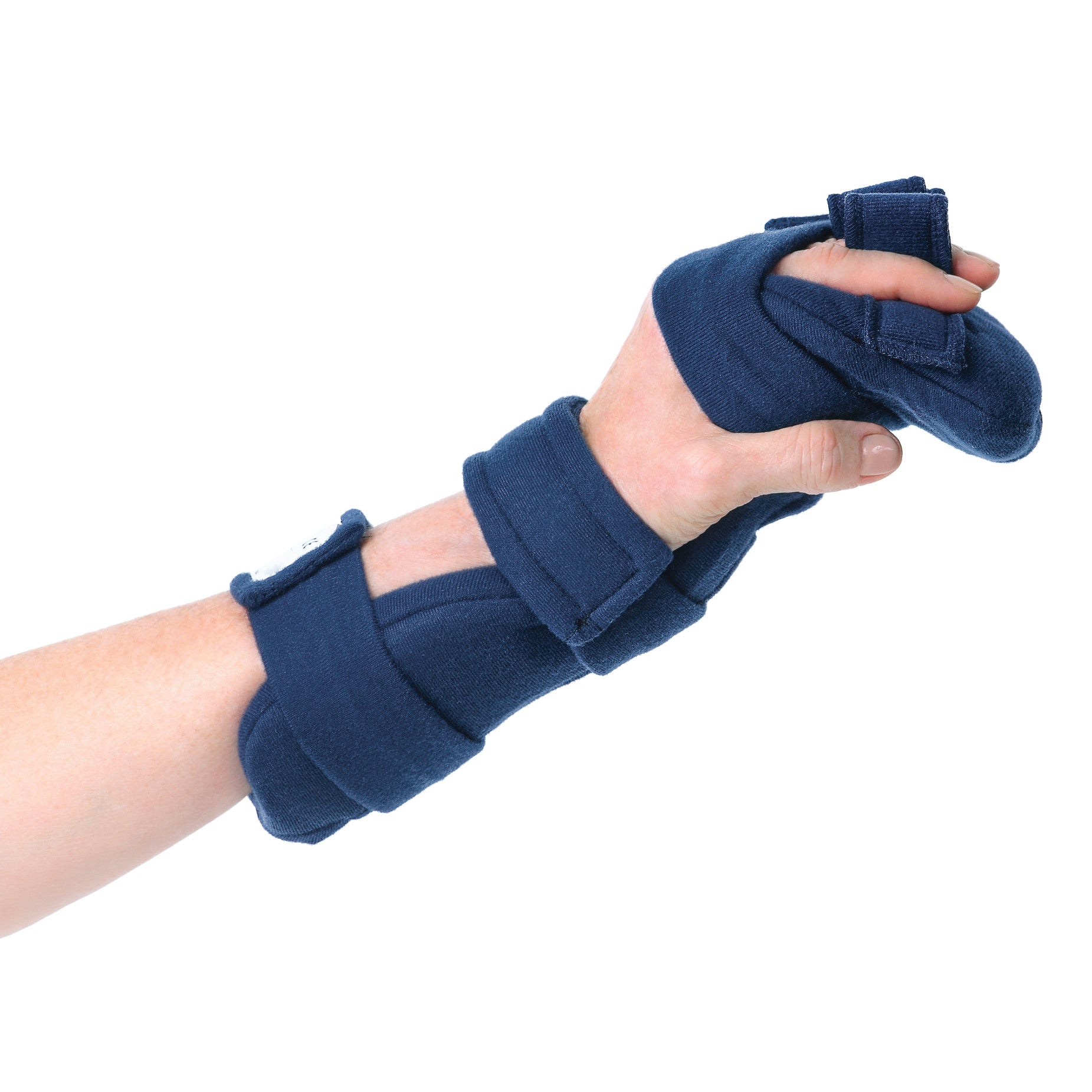 A person's hand wearing a Comfy Splints Adult Hand/Wrist Orthosis with Finger Separator. It's a blue supportive brace.