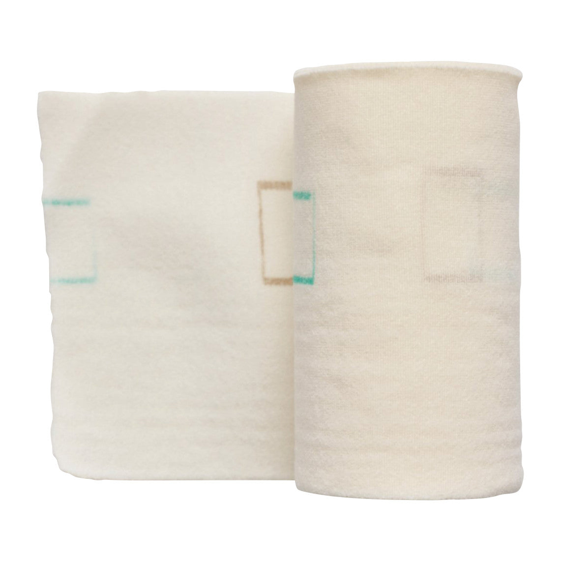 Two Molnlycke Setopress Compression Bandages are shown, one rolled and one unrolled, both in a light, soft material.