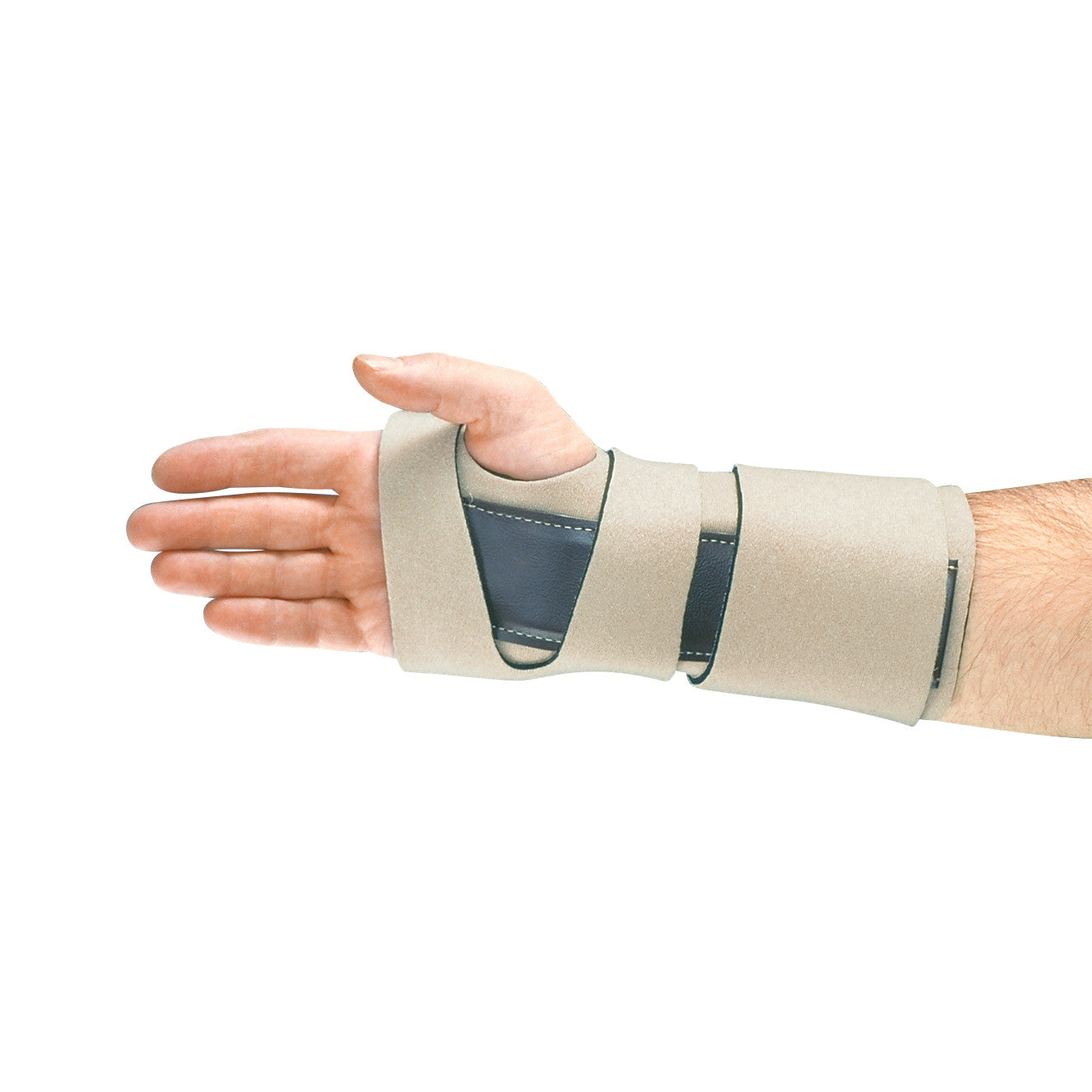A hand wearing the AliMed Conventional Neoprene Universal Wrist Support, featuring beige and black straps for wrist stabilization.