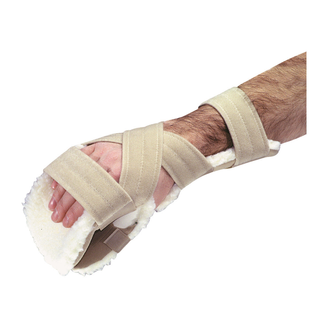 A hand wearing the AliMed Progressive Resting Splint, featuring beige straps and a soft, cushioned inner lining for support.