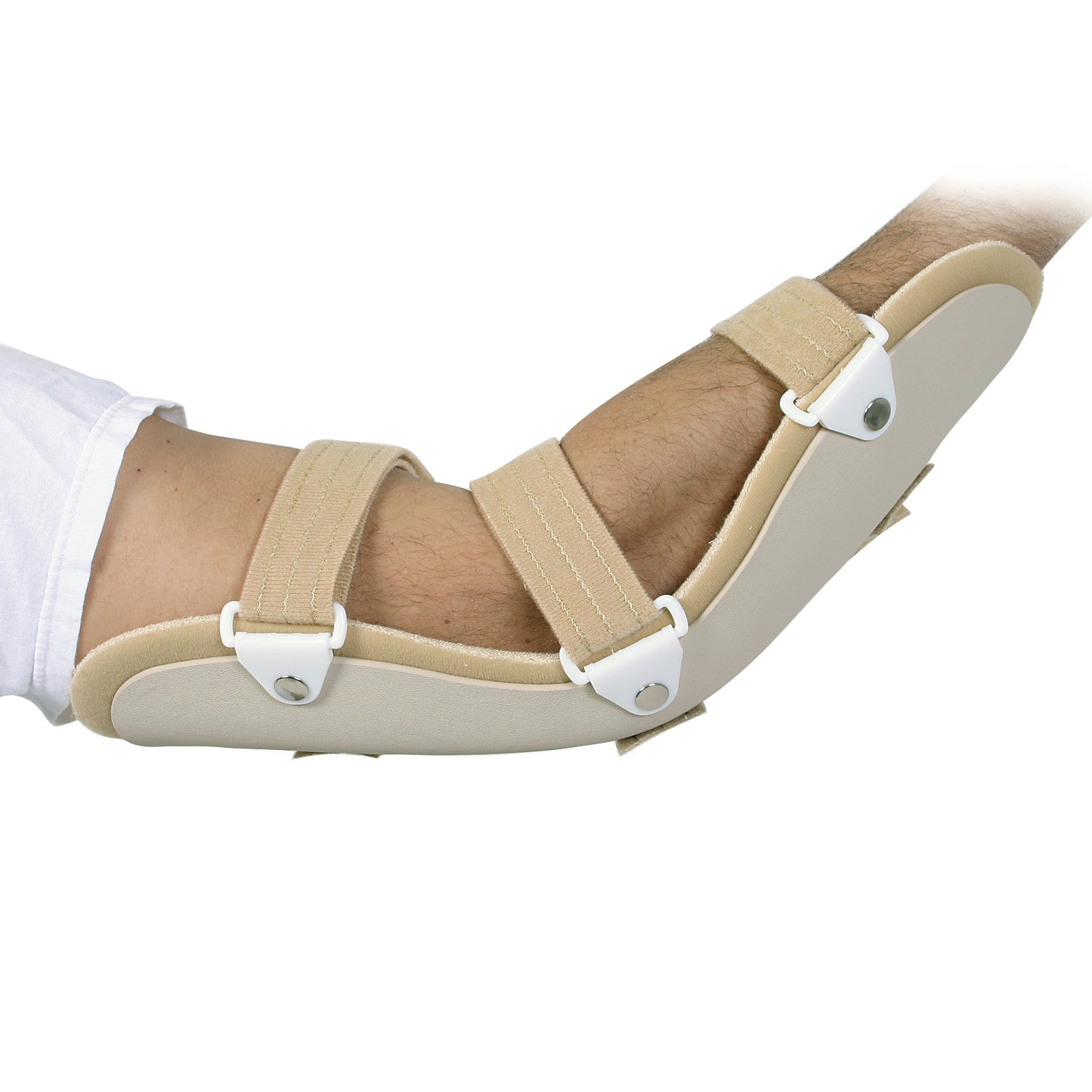 An arm is wearing an AliMed Cubital Tunnel Splint with beige straps and white fasteners to support the elbow.