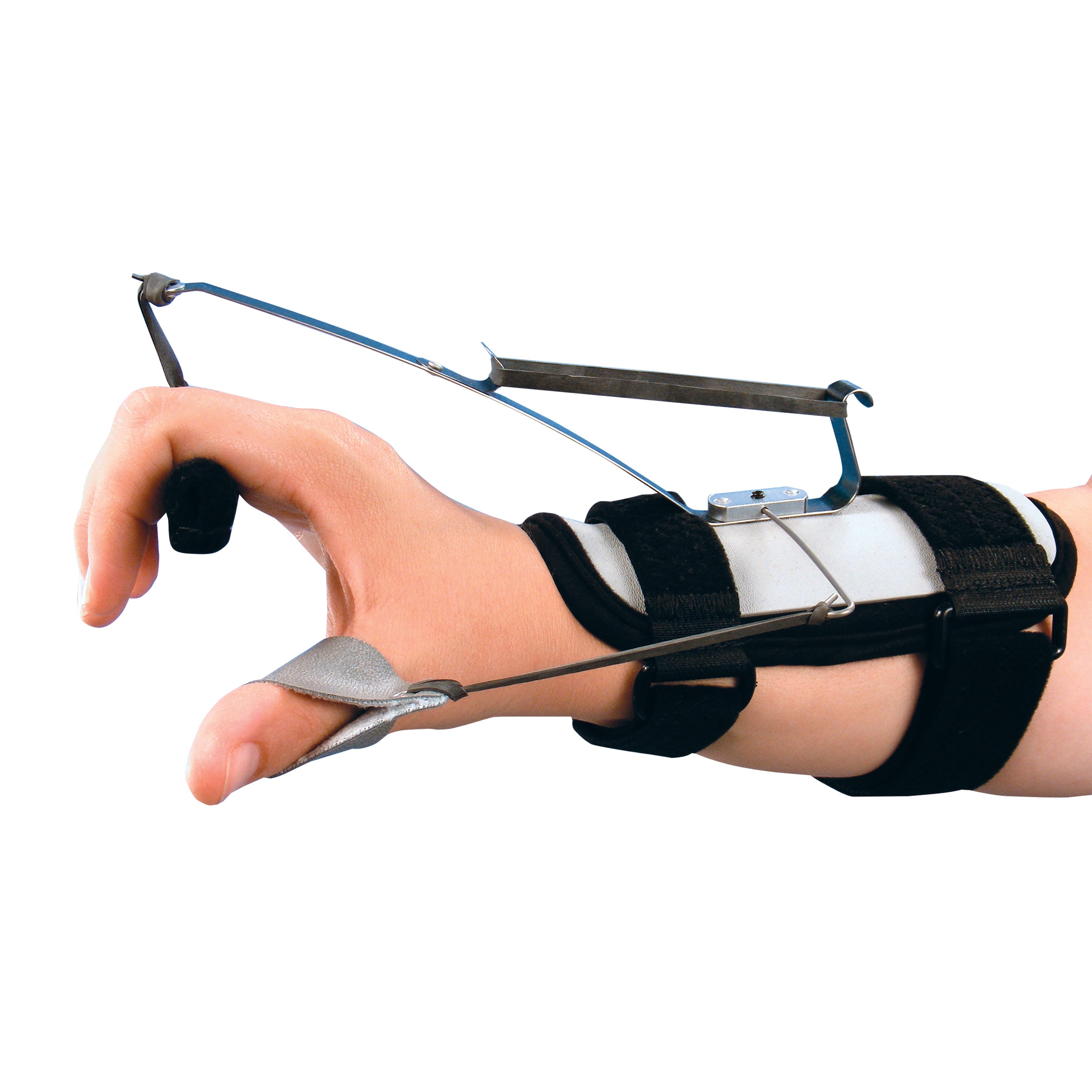 A Thomas Suspension Splint supports a hand and wrist, featuring a metal frame, straps, and finger attachments for rehabilitation.