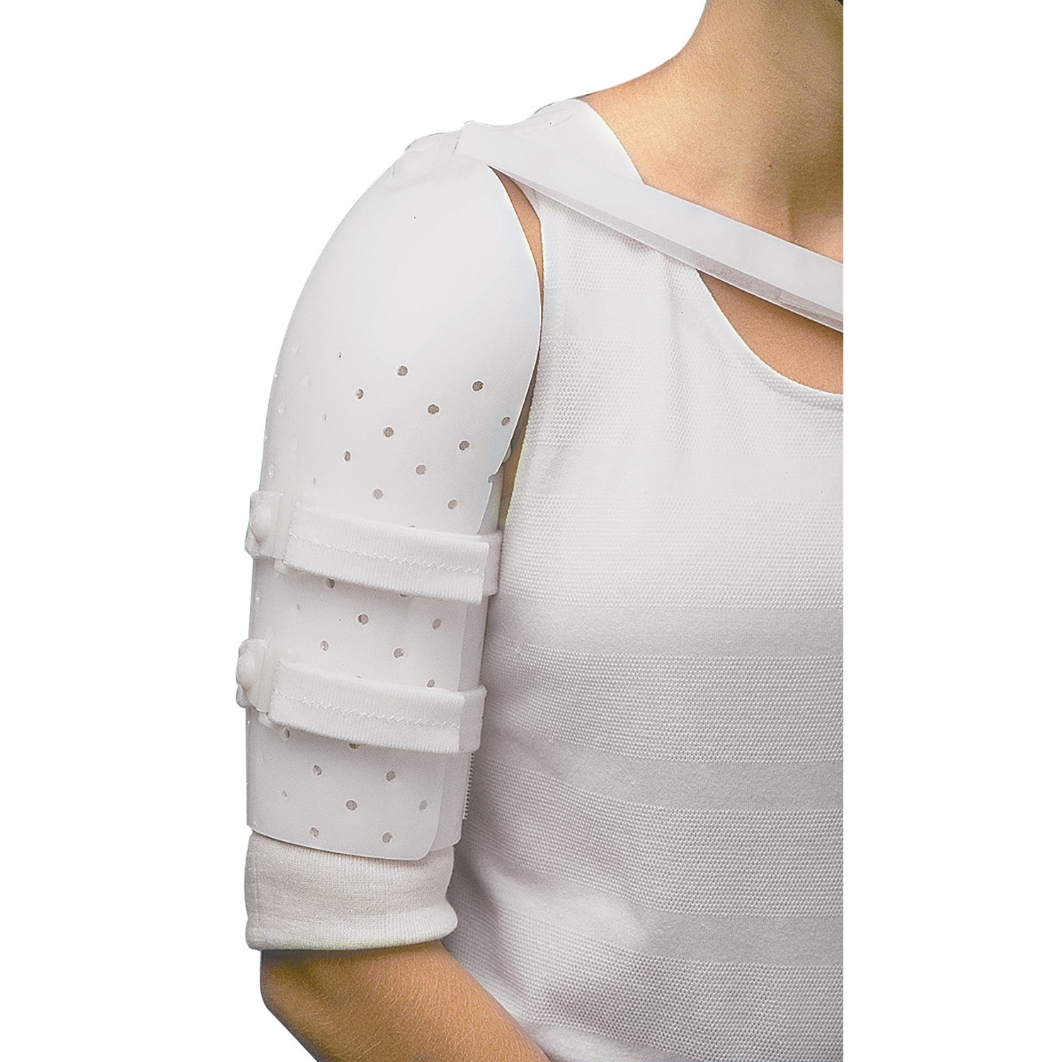 A person wears a Miami Neutral Over-the-Shoulder Humeral Fracture Brace, featuring a white design with perforated straps and pads.
