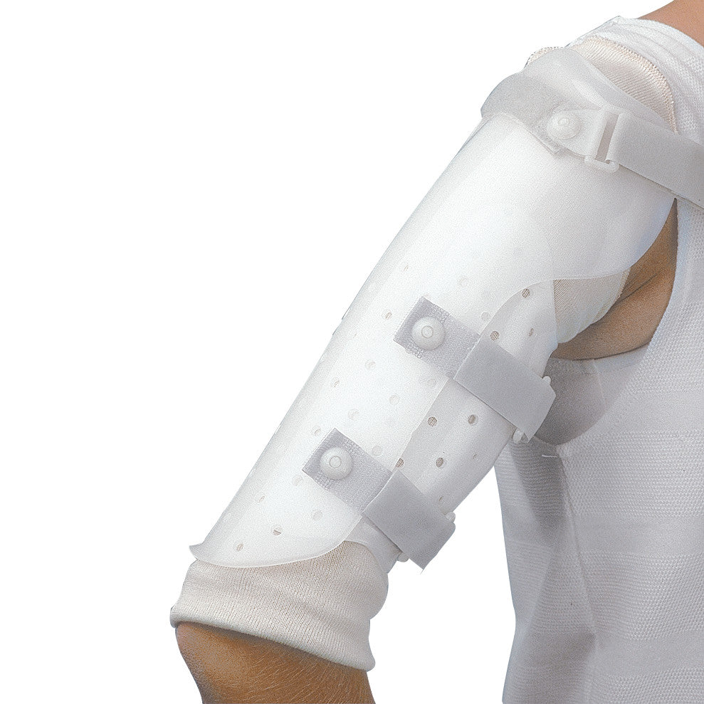 An arm wearing a Miami Over The Shoulder Humerus Fracture Brace. The white perforated brace is secured with straps and fasteners.