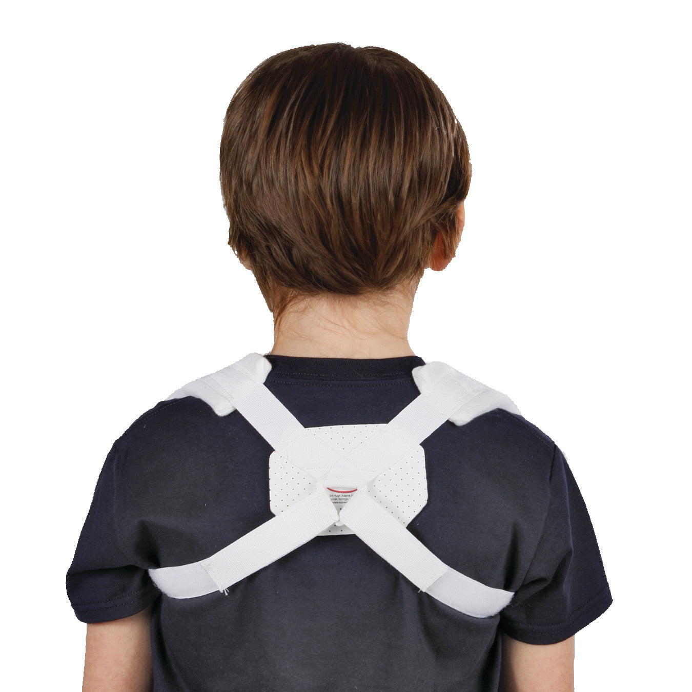 A child wears a Clavicle Support with crossed white straps over a dark shirt. The support is designed to aid posture correction.
