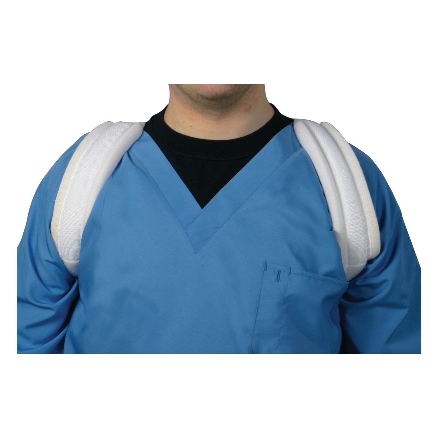 A person wearing a blue shirt demonstrates a Clavicle Support, with white padded straps worn over the shoulders.