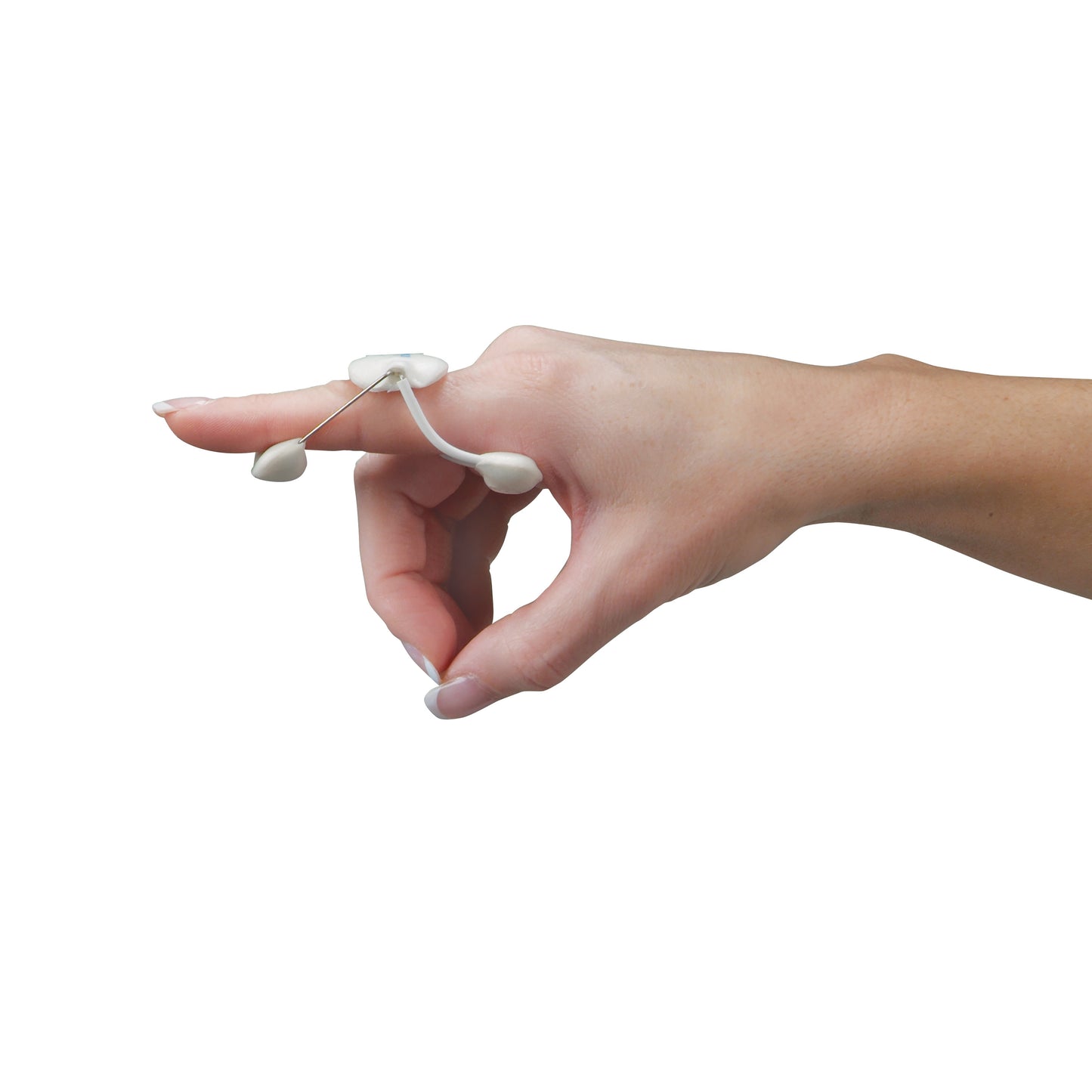 A hand wearing a DeRoyal LMB Spring PIP Extension Assist (Model 504) on the finger. The device supports finger extension.