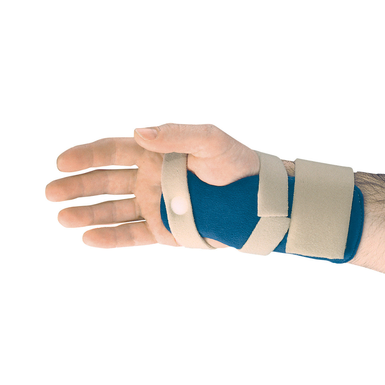 A hand wearing the AliMed Lite Night CTS Resting Splint, featuring a blue wrap with beige straps for wrist support.