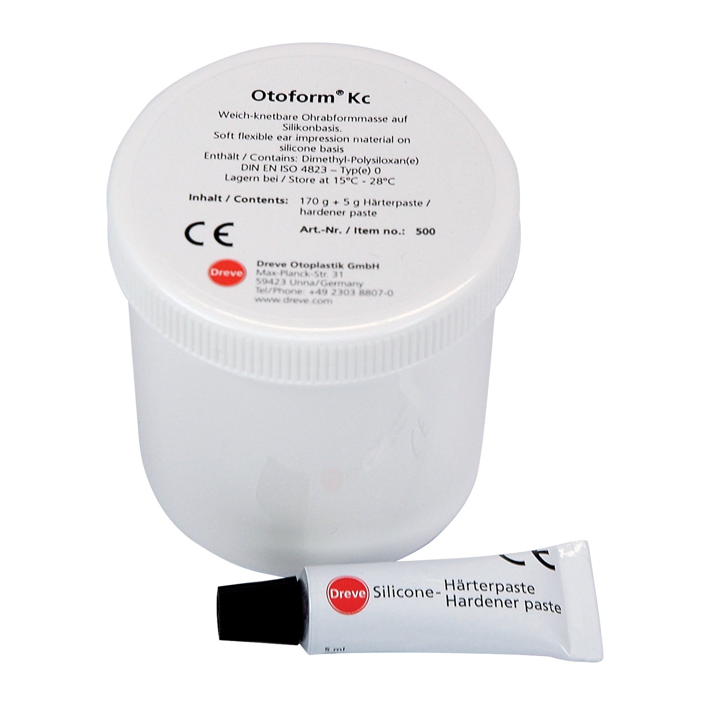 A container of Otoform Kc Elastomer, a silicone-based ear impression material, with a small tube of hardener paste beside it.