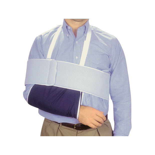 A person wears a "Sling and Swathe" over a blue shirt, supporting their arm securely with straps across the chest.
