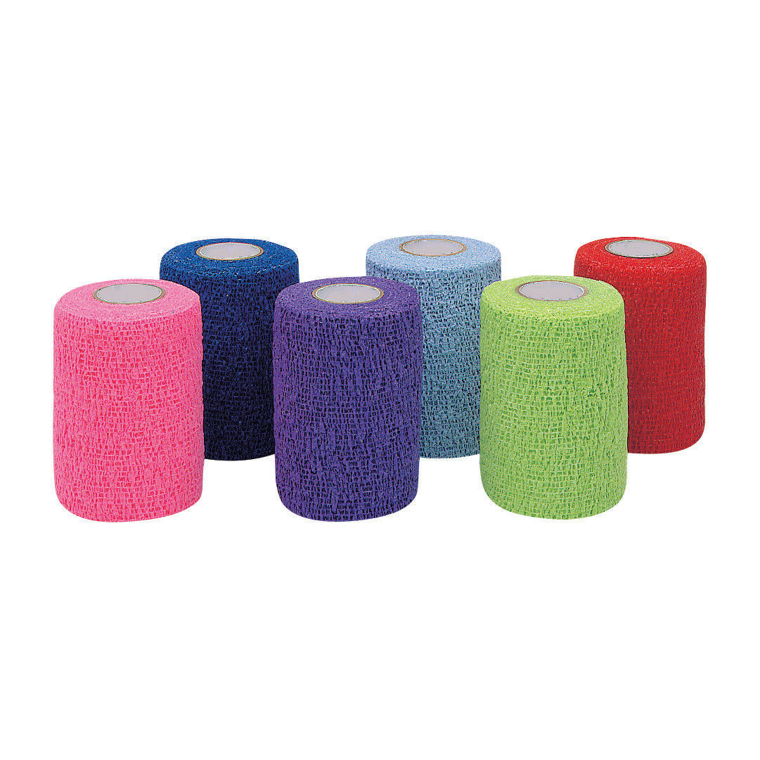 Six rolls of CoFlex NL Flexible Cohesive Bandage in pink, dark blue, purple, light blue, green, and red are displayed upright.