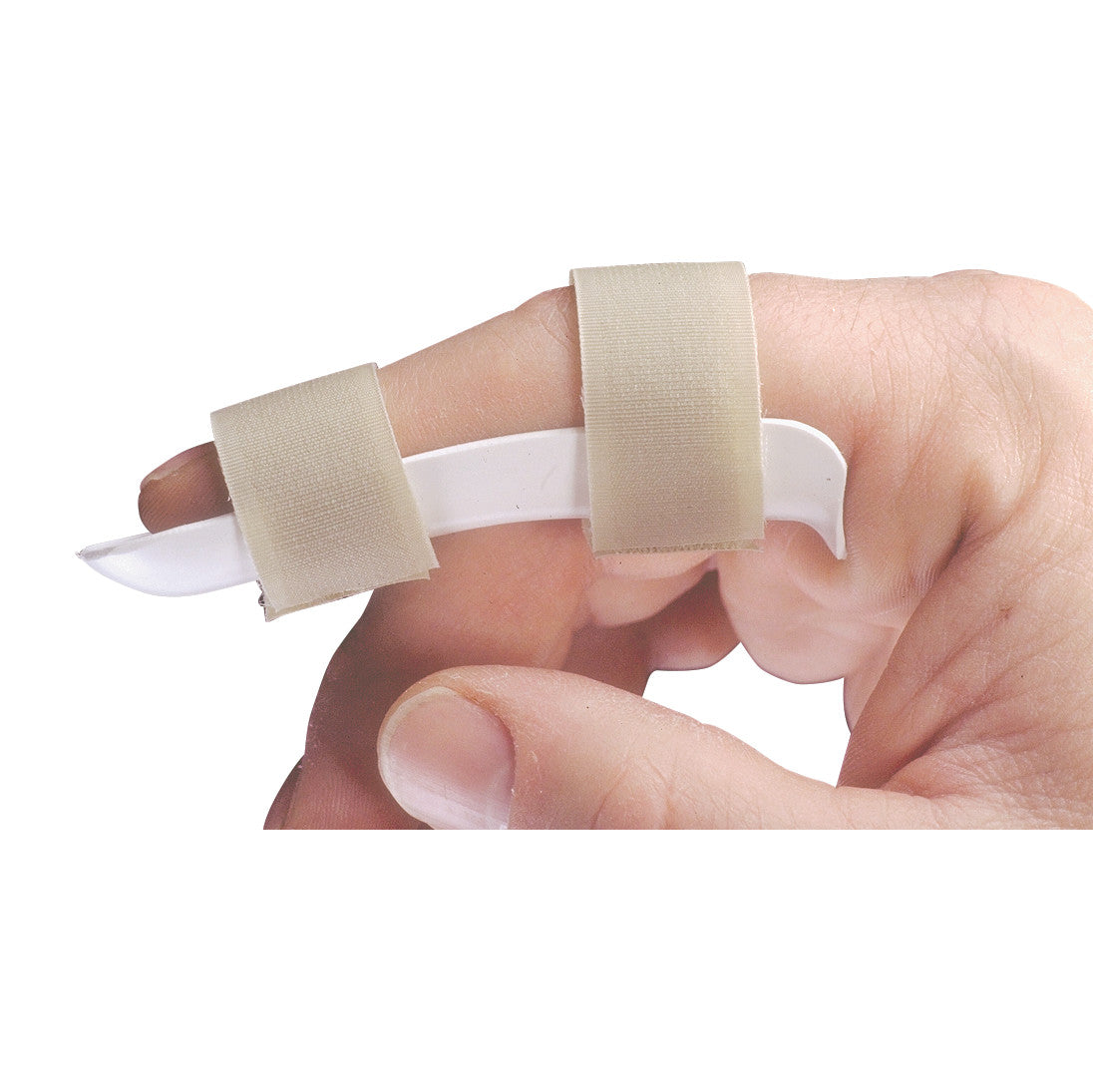 A hand wearing an AliMed Finger Cot Splint, a white curved plastic splint secured by two beige straps on a finger.