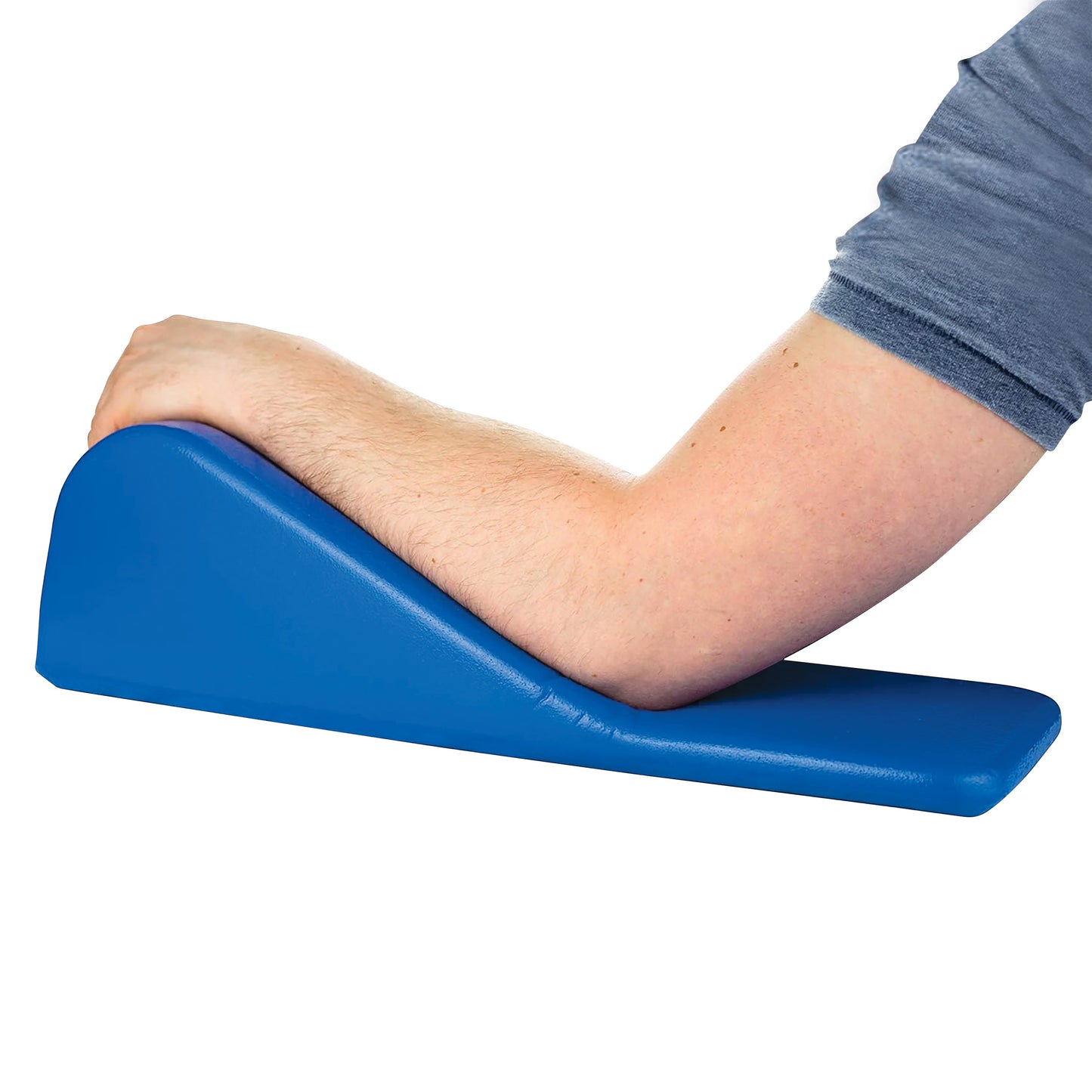 A forearm rests on a blue Waterproof Arm Elevator Support, designed for ergonomic positioning and support.