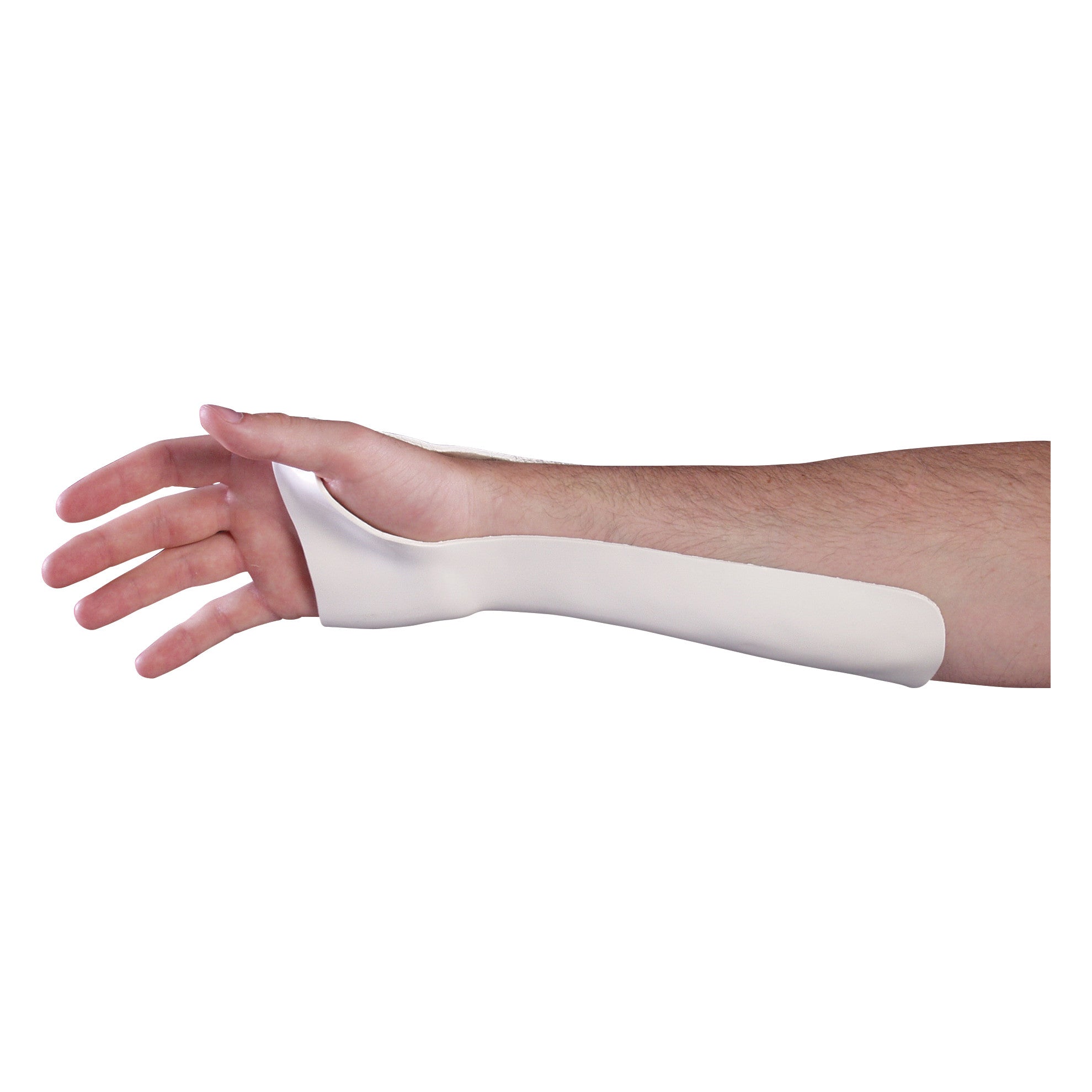An arm wearing an AliMed Ulnar Gutter Wrist Splint Blank, covering from the hand to the forearm, with the palm facing up.