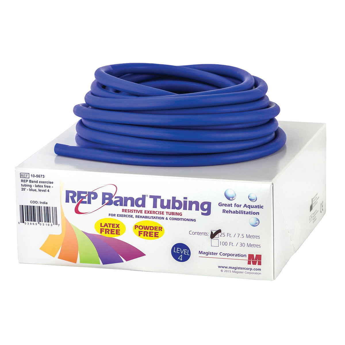 Coiled blue REP Band Non-Latex Tubing rests on its labeled box, highlighting it's latex and powder-free, intended for exercise.