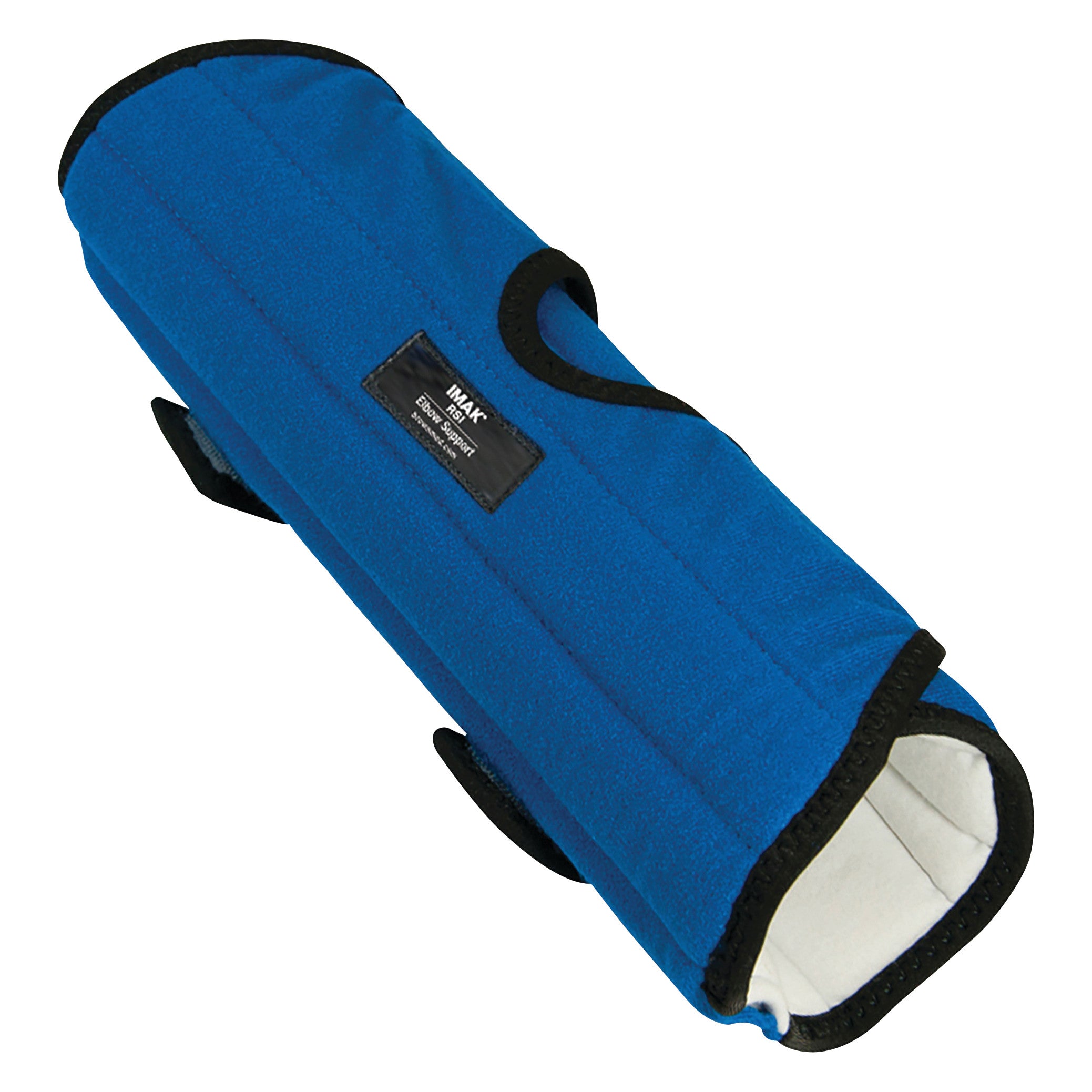 Blue and white soft fabric brace labeled "Brownmed IMAK RSI Pil-O-Splint Adjustable Elbow Support," designed for elbow support.