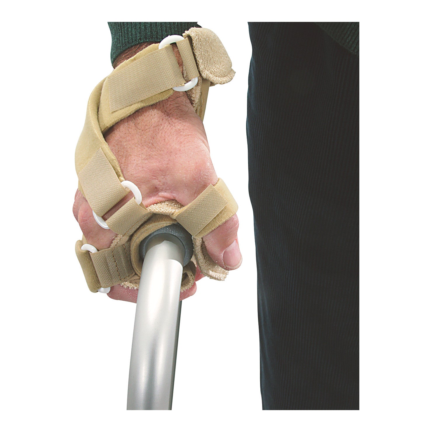 A hand wearing the AliMed Walker Hand Splint grips a metal walker handle. The splint features adjustable beige straps for support.