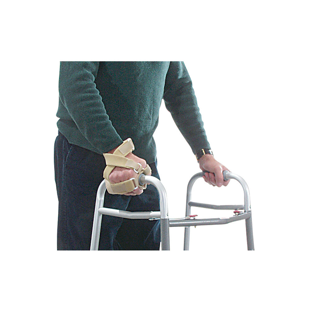 A person using an AliMed Walker Hand Splint while gripping a walker for support, wearing a green sweater and dark pants.