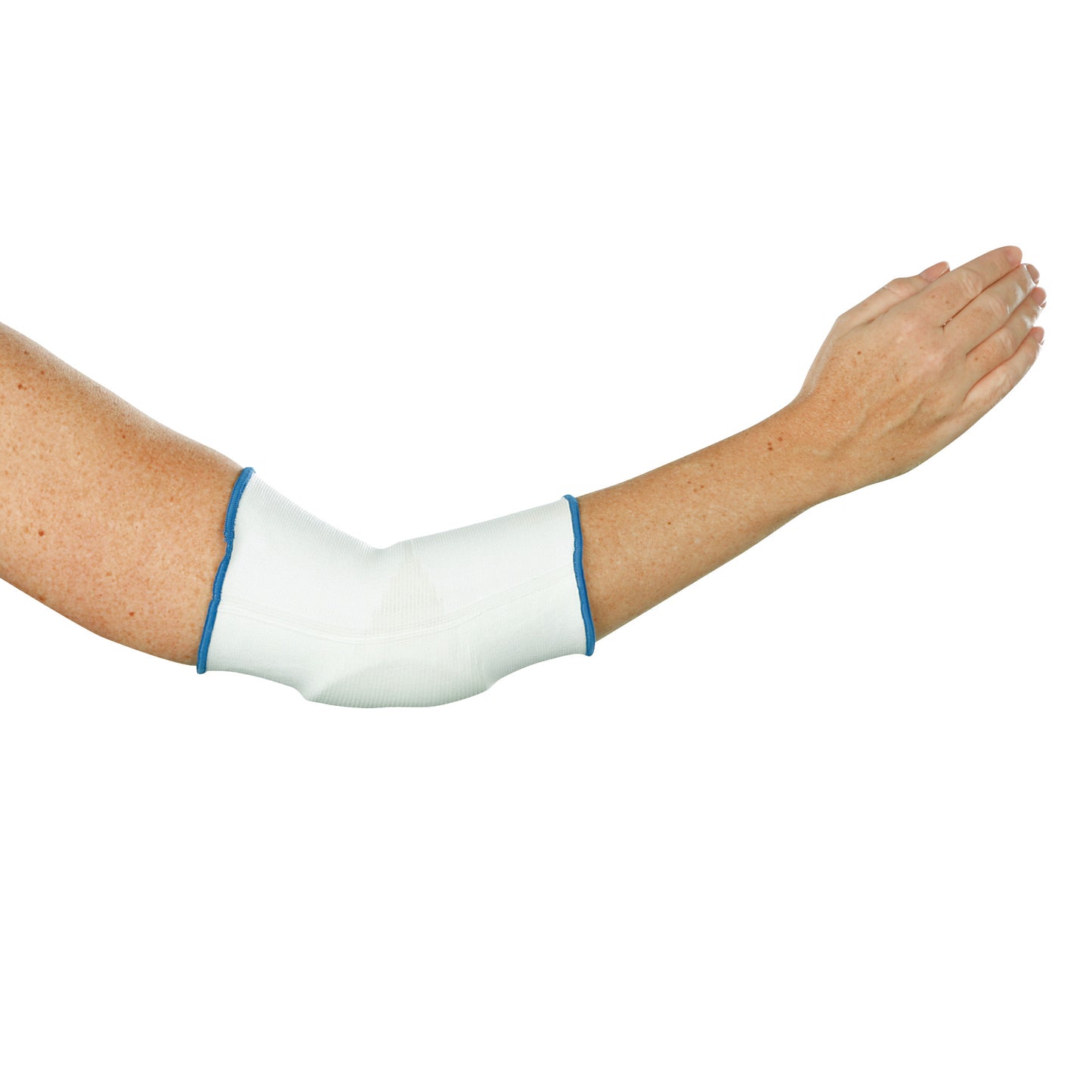 An arm wearing an AliMed Padded Elbow Sleeve, white with blue trim, providing support and protection for the elbow.